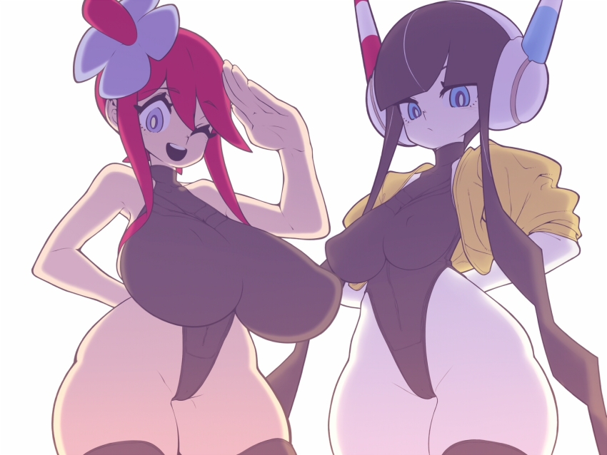 2girls alternate_breast_size arm_behind_back arms_behind_back bangs black_hair black_hair_female blue_eyes breasts cameltoe clothed clothed_female clothing collar curvaceous curvaceous_figure curves curvy curvy_body curvy_female curvy_figure curvy_hips ear elesa_(pokemon) elesa_(pokemon_bw2) eyes eyes_open female female_only fingers groin gym_leader hair hair_tie happy headgear headphones headwear hips huge_breasts human jacket kaikoinu large_breasts leggings legs leotard looking_at_viewer navel nipples nipples_visible_through_clothing no_sex one_eye_closed open_jacket open_mouth pale-skinned_female pale_skin pokemon pokemon_bw2 red_hair red_hair_female salute short_hair short_hair_female short_hair_with_long_locks skin_tight skyla_(pokemon) smile standing tan_skin tan_skinned_female thick_thighs thighs visible_nipples wide_hips