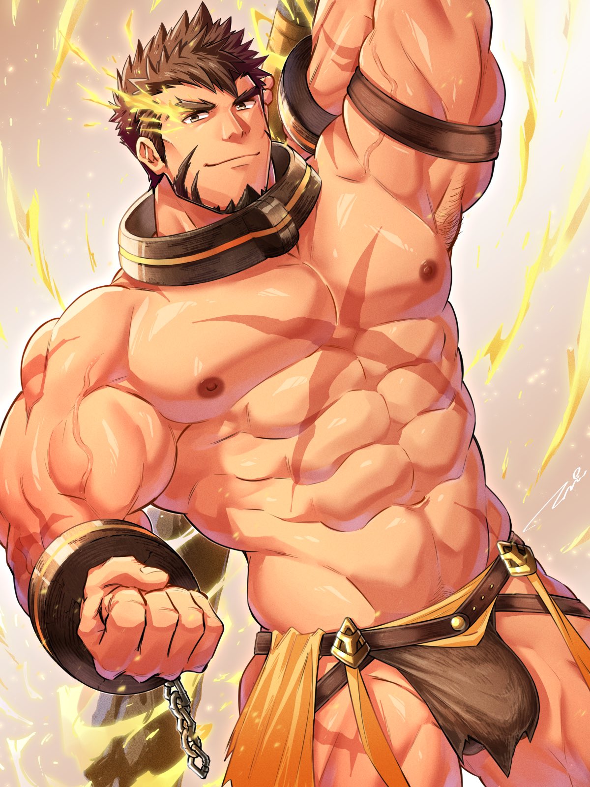 1boy armpit_hair armpits arms_up aura bara barbarian beard beefy biceps big_areola big_breasts bracelet brown_eyes brown_hair chains clenched_hand daddy dilf eight_pack hands_behind_head heracles_(tokyo_afterschool_summoners) hi_res holding_object holding_stick holding_weapon loincloth looking_at_viewer male male_only mature_male middle_aged muscles muscular muscular_arms muscular_legs muscular_male muscular_thighs necklace pelvic_curtain scar scar_on_arm scar_on_chest scar_on_leg scars_all_over short_hair six_pack skimpy smile standing tepen_(tptptpn) thick thick_arms thick_eyebrows thick_thighs tokyo_afterschool_summoners tough_guy v-shaped_eyebrows