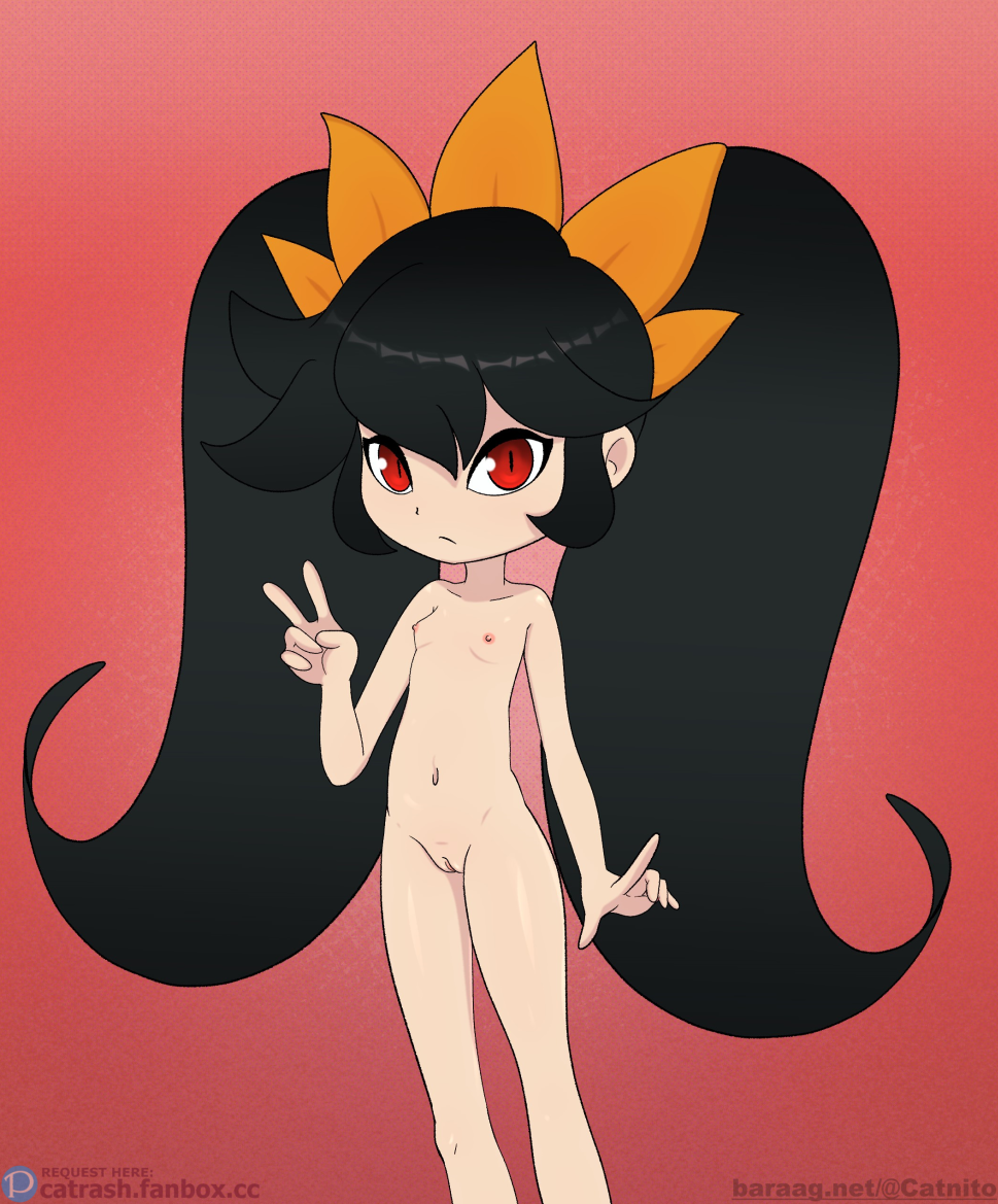 1girls ashley_(warioware) black_hair catrash collarbone completely_nude completely_nude_female female female_only light-skinned light-skinned_female long_hair looking_at_viewer naked_female navel nipples no_clothes nude pussy red_background red_eyes simple_background small_breasts solo standing stomach thighs twintails v warioware young