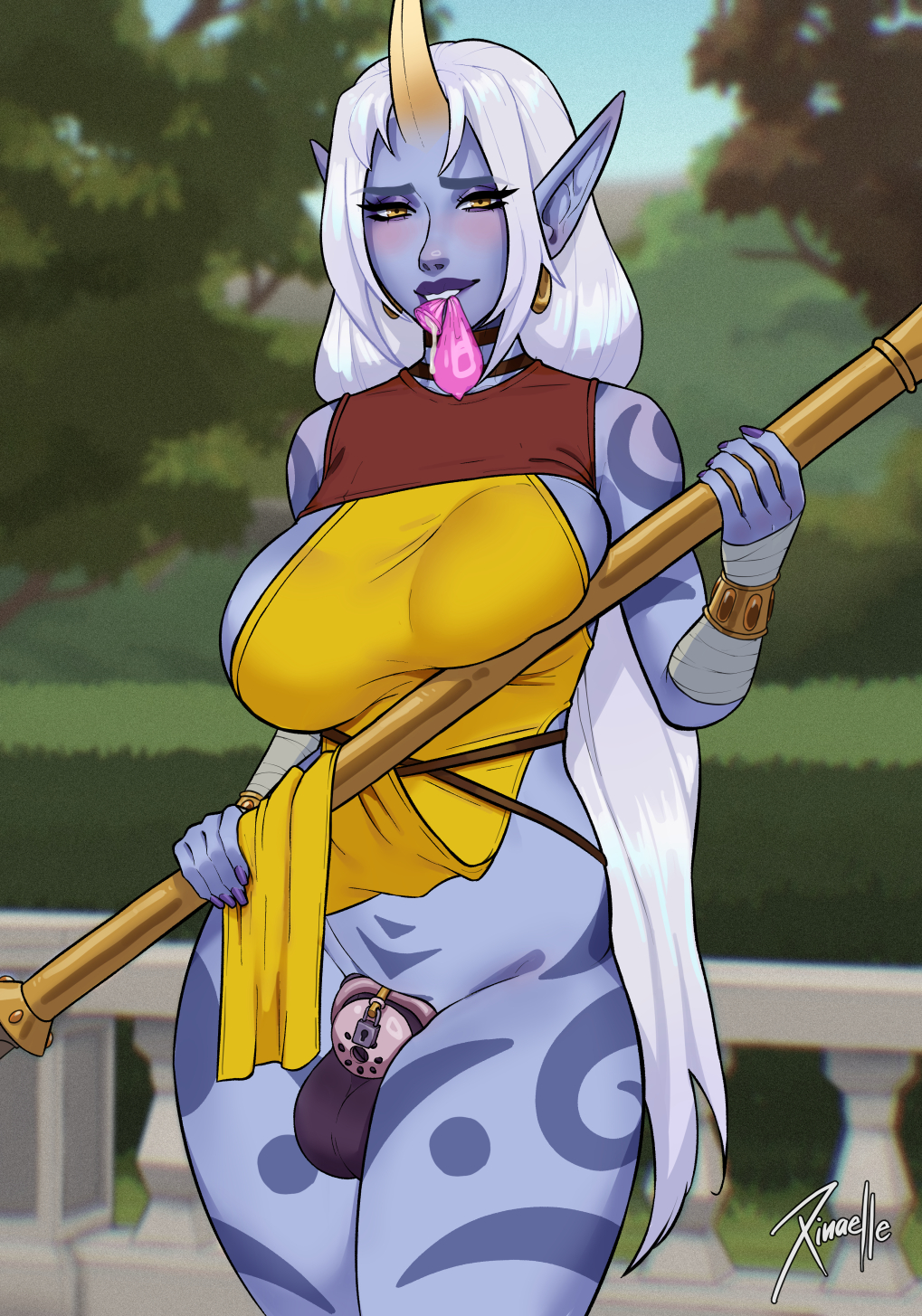 aroused aroused_face bedroom_eyes blush bottomless celestial_(league_of_legends) chastity_cage condom cum emasculation futa_only futanari futasub holding_object horn horny league_of_legends riot_games smug soraka xinaelle