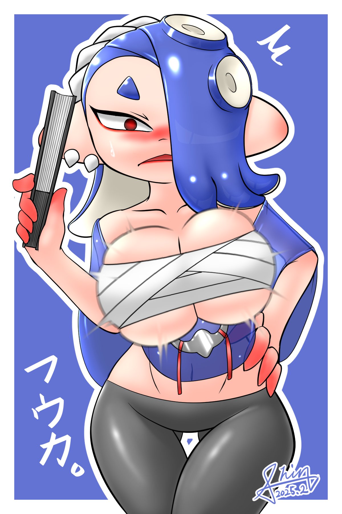 1girls, bandages, big breasts, blush, breast expansion, breast growth, breast growth (enlargement), breasts, cleavage, clothed, deep cut (splatoon), female, female only, huge breasts, no bra, octoling, octoling girl, revealing clothes, shin arialente, shiver (splatoon), shiver hohojiro, splatoon, splatoon (series), splatoon 3, teasing, twitter link, twitter username, underboob, wrappings