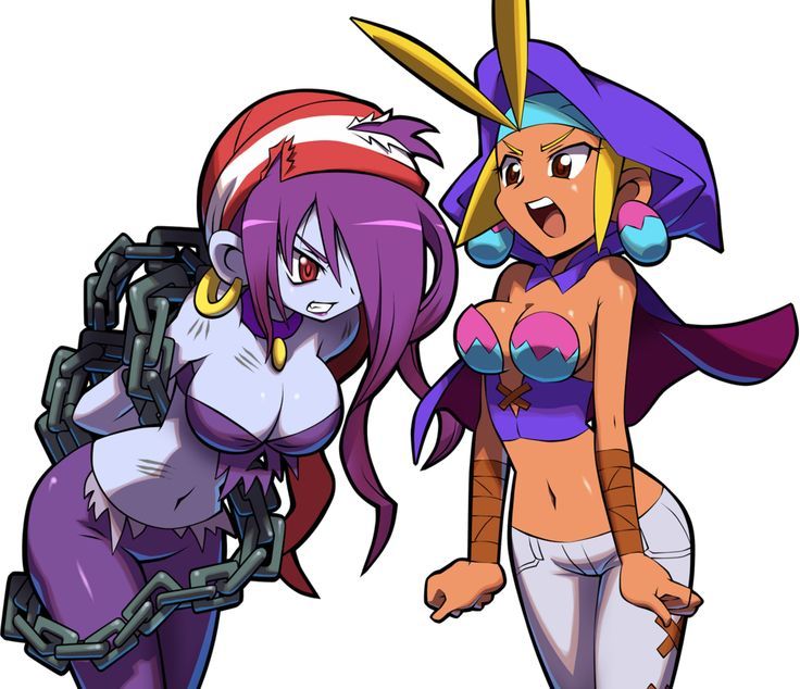 2girls angry_expression angry_face blonde_female blonde_hair blue_bandana brown_eyes chains light_purple_skin long_pants medium_breasts official_style purple_collar purple_hood red_bandana red_eyes risky_boots shantae sky_(shantae) small_breasts white_jeans