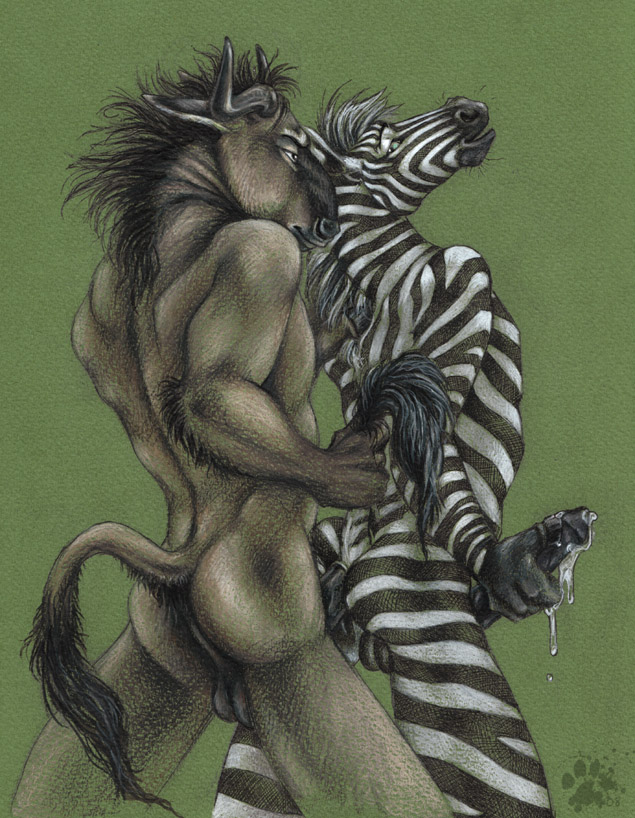 anal anal_sex balls blotch bovine colored_background couple cum equine furry gay gnu horsecock male no_humans penetration penis zebra