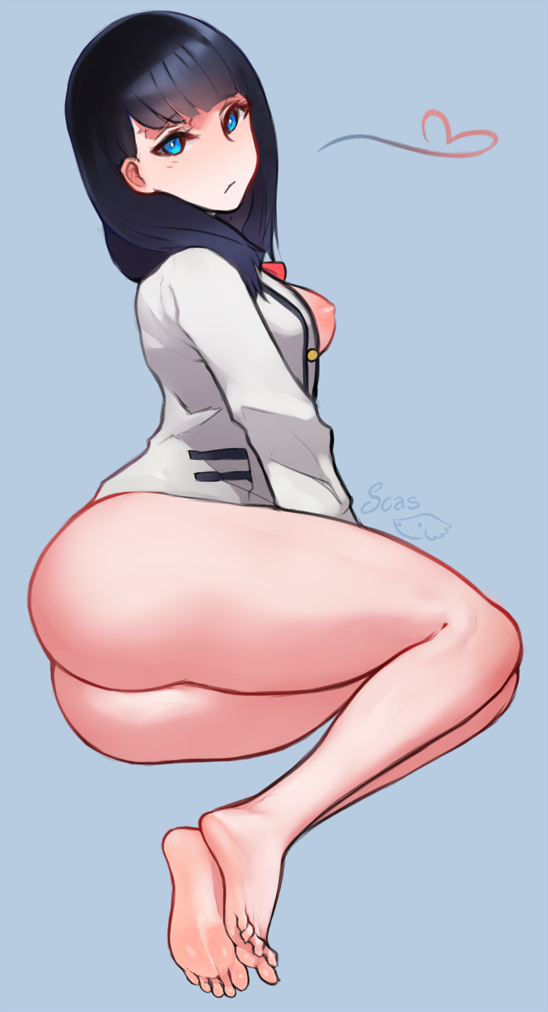 1girls, ass, ass focus, bare ass, black hair, blue eyes, feet, female, foot fetish, heart, long hair, nipples, scas, solo, ssss.gridman, takarada rikka