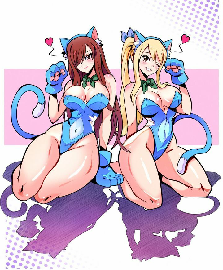 2girls big_breasts bunnysuit cat_ears cat_tail cosplay erza_scarlet fairy_tail hfxpins lucy_heartfilia red_hair yellow_hair