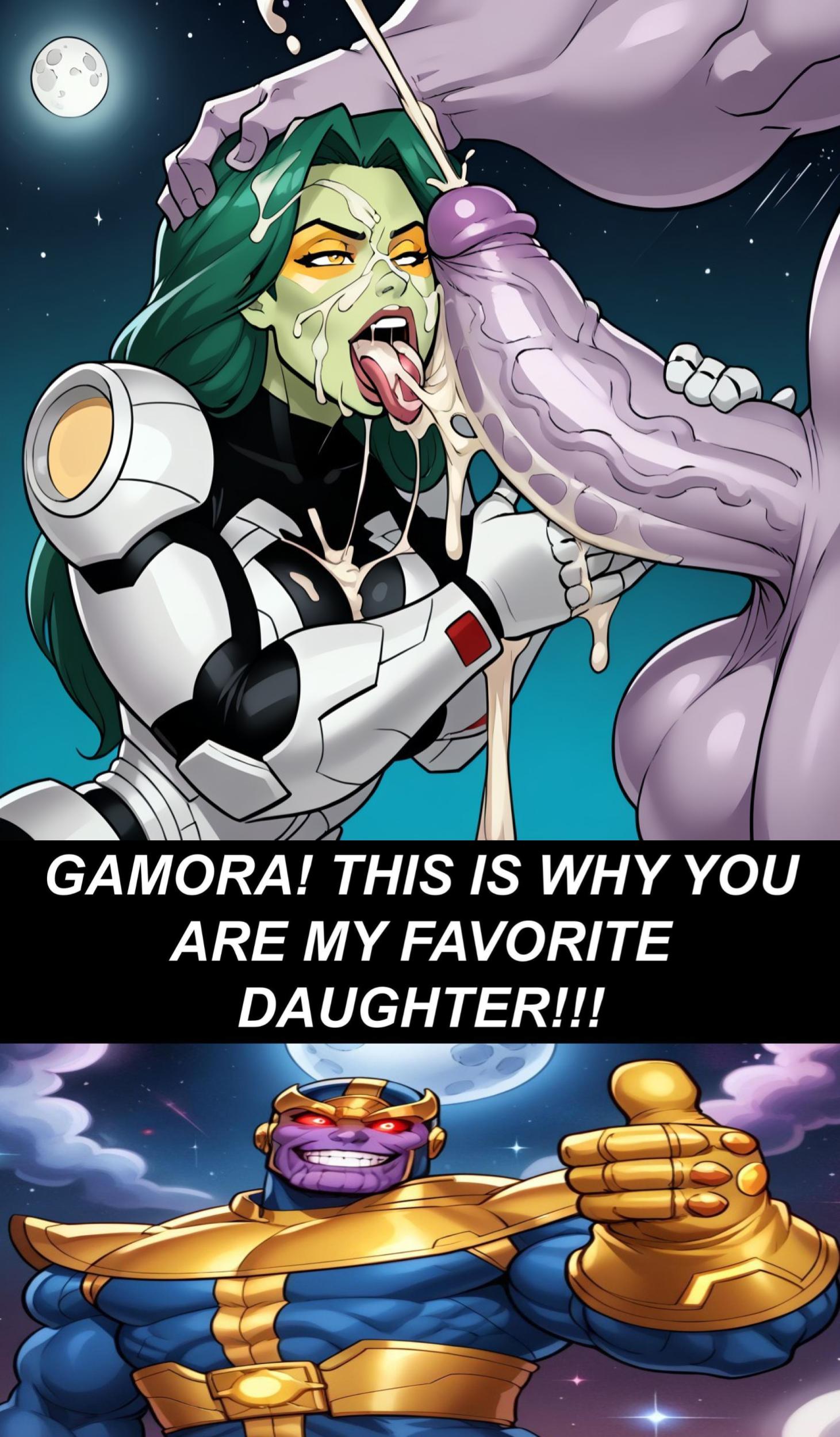 adoptive_daughter ai_generated alien_girl alien_male armored_female cum_drip cum_in_mouth cum_on_face excessive_cum father_and_daughter gamora green_hair green_skin guardians_of_the_galaxy hand_on_head huge_cock licking licking_penis marvel marvel_comics meme muscular_male older_male purple_skin thanos will_of_ai