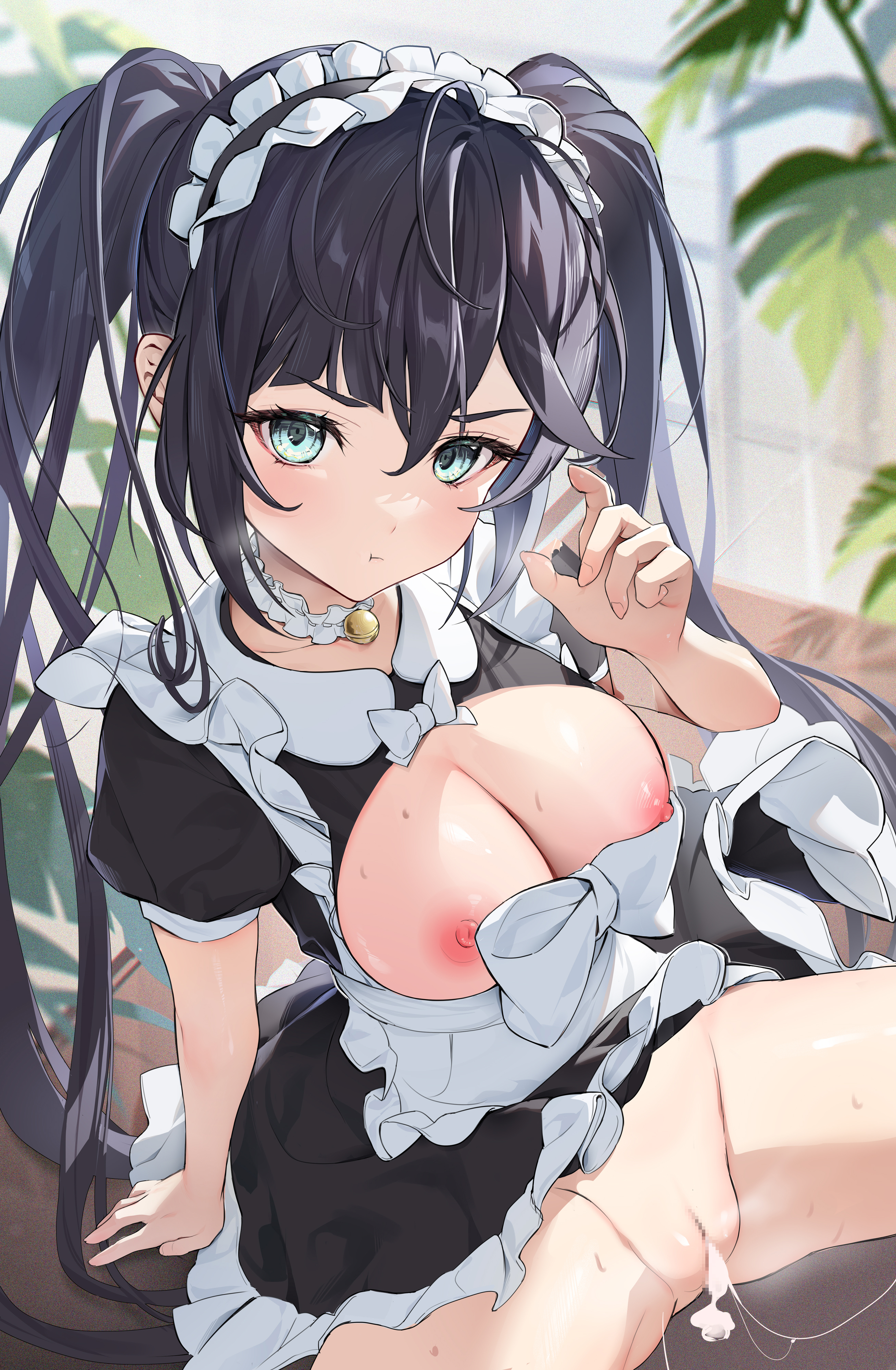 after sex, after vaginal, big breasts, black hair, blush, breasts, breasts out, censored, clothed, clothed female, cum, cum drip, cum in pussy, cum inside, female, female focus, female penetrated, genshin impact, green eyes, houkiboshi (mmjw7432), large breasts, legs held open, legs spread, looking at viewer, maid, maid headdress, maid outfit, maid uniform, male, mona (genshin impact), mosaic censoring, neckwear, penis, penis in pussy, pout, pussy, ribbon, ribbons, sex, skirt, skirt lift, skirt up, thick thighs, thighs