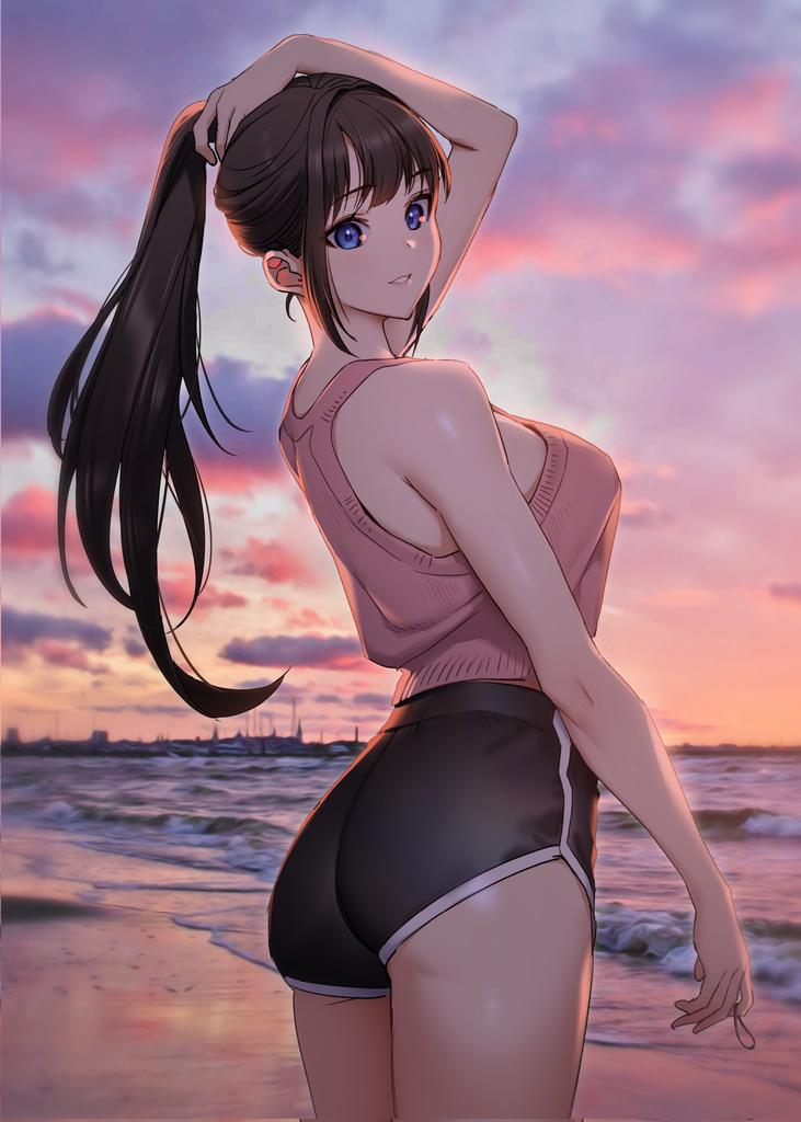 1girls, 2020s, 2022, beach, big breasts, black hair, blue eyes, breasts, clouds, dolphin shorts, eyebrows visible through hair, female, female only, high ponytail, long hair, manga, outdoors, pink topwear, ponytail, sea, shorts, side slit, solo, sunset, tank top, tomboy, two-tone bottomwear, two-tone bottomwear (black&white)