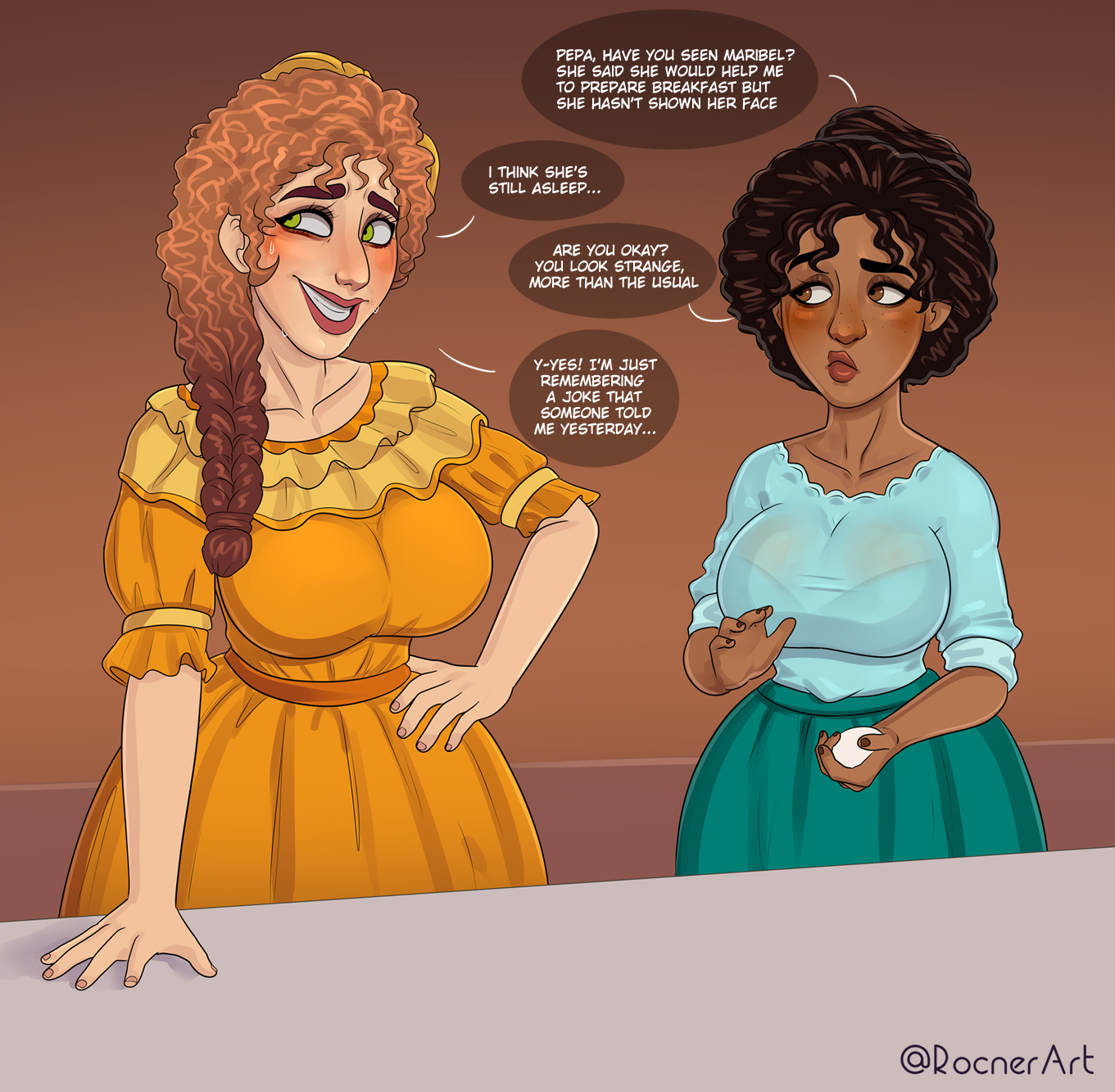 2girls, alternate angle, auburn hair, aunt and niece, big breasts, breasts, brown eyes, clothed, clothing, colombian, dark skin, dark-skinned female, disney, encanto, english text, female, female focus, female only, green eyes, hiding in dress, incest, julieta madrigal, latina, light skin, light-skinned female, long hair, mature female, milf, mother, multiple females, multiple girls, pepa madrigal, rocner, see-through clothing, sex under clothes, siblings, sisters, speech bubble, stealth cunnilingus, stealth oral, stealth sex, text, under clothes, under dress