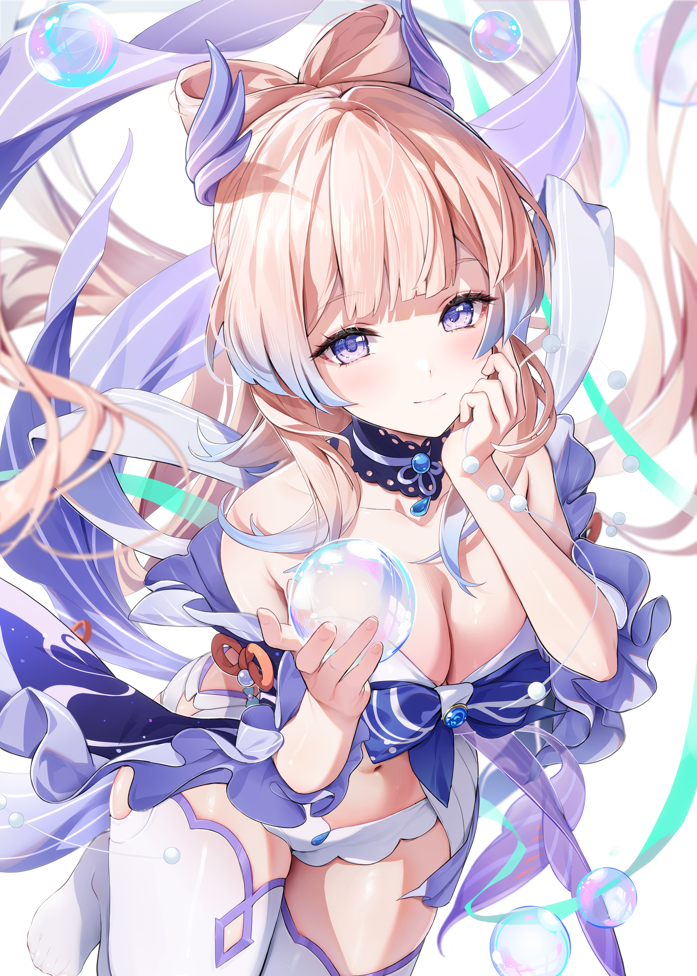 bare shoulders, blue eyes, blush, breasts, female, genshin impact, hair ornament, houkiboshi (mmjw7432), long hair, medium breasts, neckwear, pink hair, ribbon, ribbons, sangonomiya kokomi, thighhighs, thighs, twintails, white background