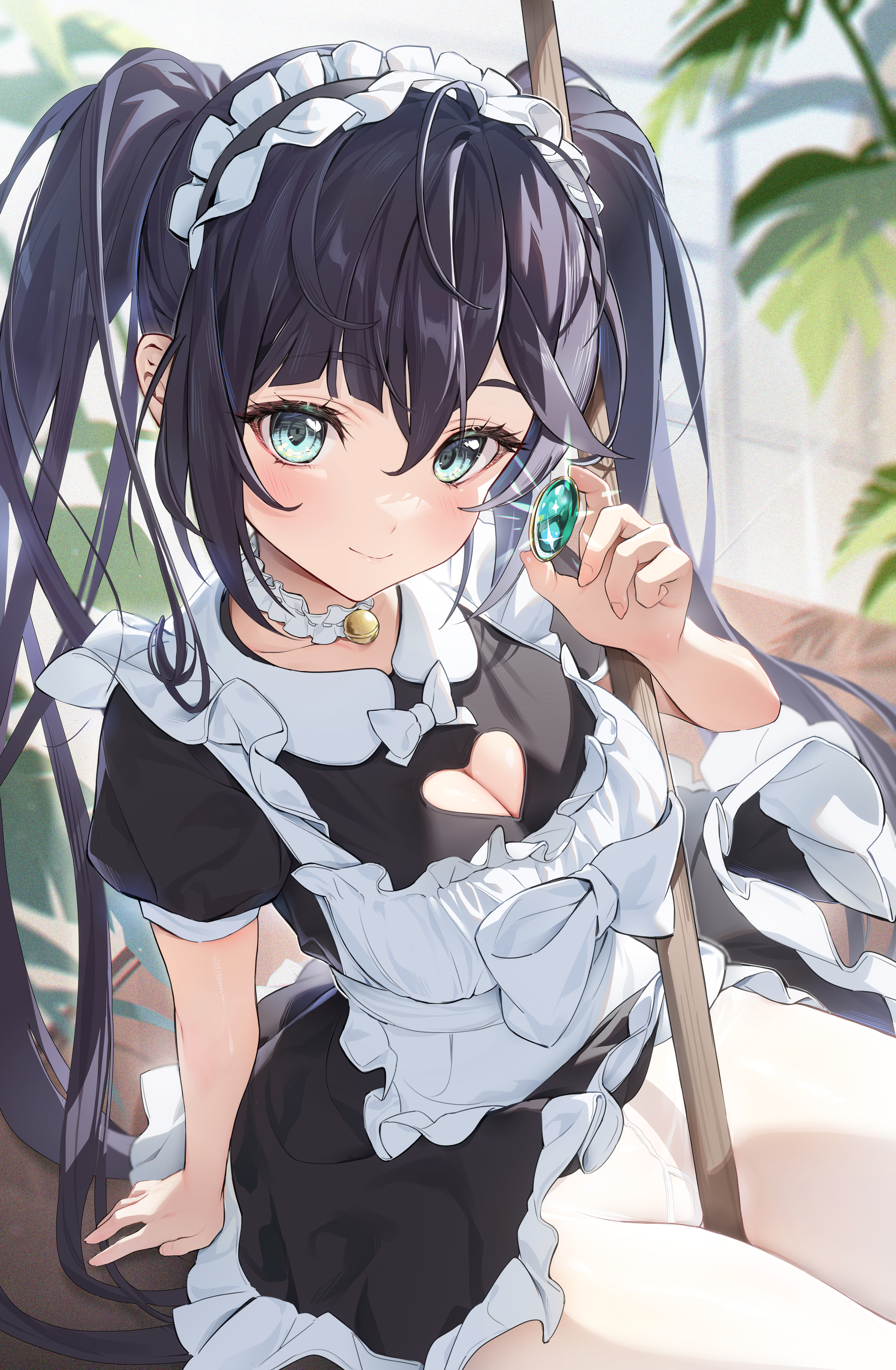 big breasts, black hair, boob window, breasts, clothed, clothed female, female, genshin impact, green eyes, houkiboshi (mmjw7432), large breasts, maid, maid headdress, maid outfit, maid uniform, mona (genshin impact), neckwear, pantyhose, ribbon, ribbons, skirt, skirt lift, skirt up, white legwear