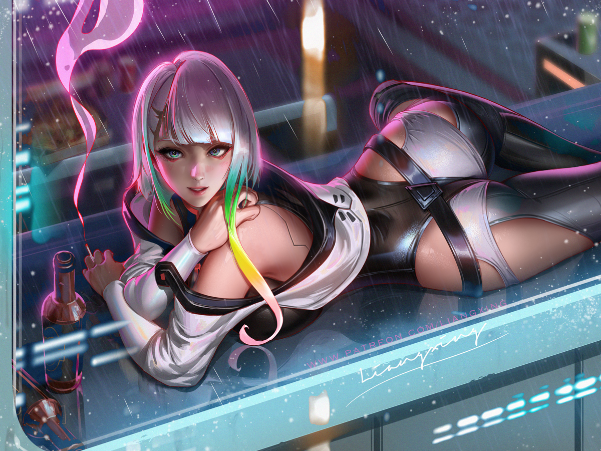 1girls, ass, cd projekt red, cigarette, cybernetics, cyberpunk 2077, cyberpunk: edgerunners, cyborg, female, female focus, leotard, liang xing, looking at viewer, lucyna kushinada, multicolored hair, netflix, short hair, smoking, solo, studio trigger, thick thighs, thighs