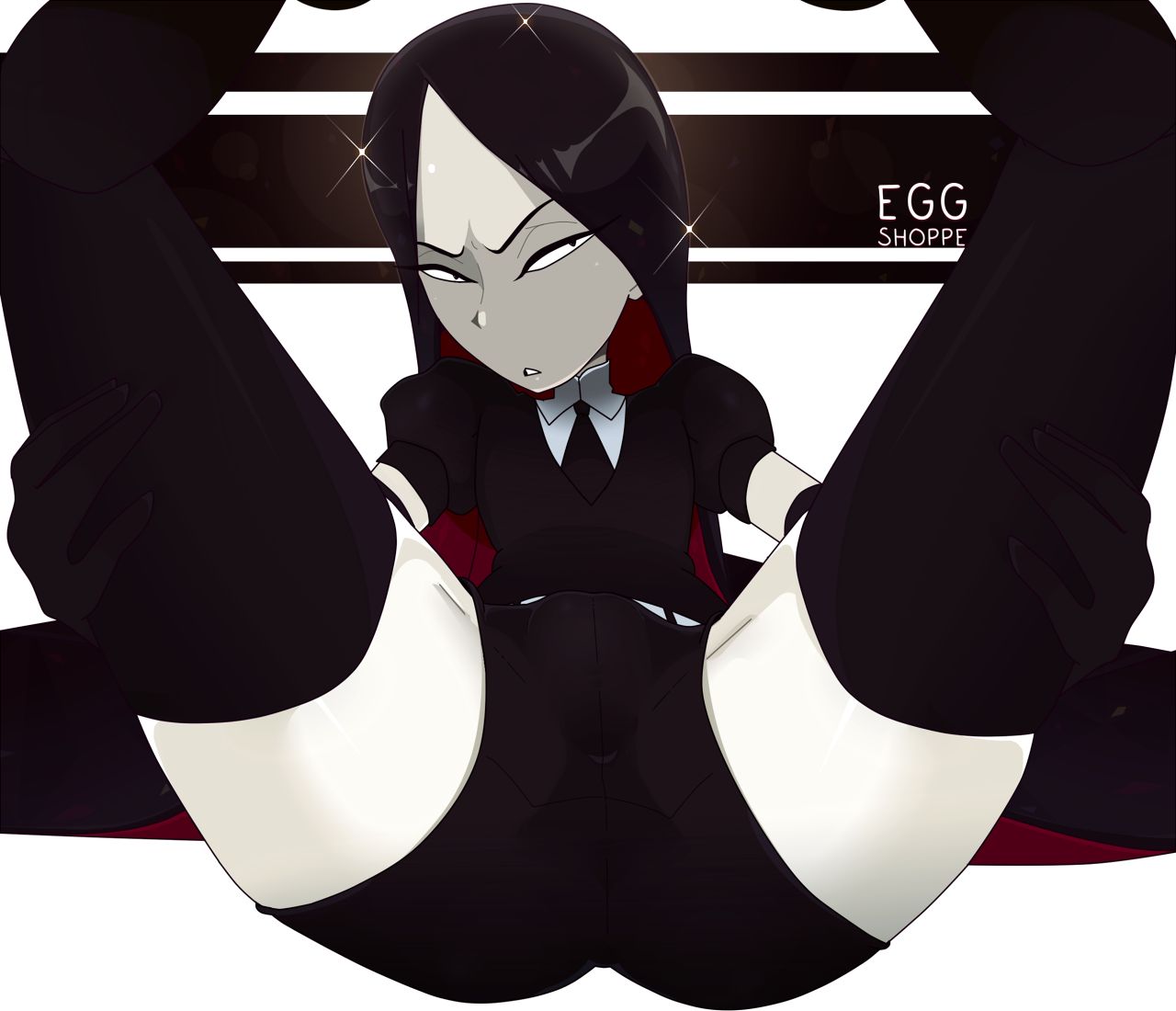 2019 ambiguous_gender angry bort_(land_of_the_lustrous) eggshoppe female humanoid land_of_the_lustrous long_hair looking_at_viewer pussy_bulge shiny_hair showing_ass signature simple_background suit tie two_tone_hair very_long_hair white_skin