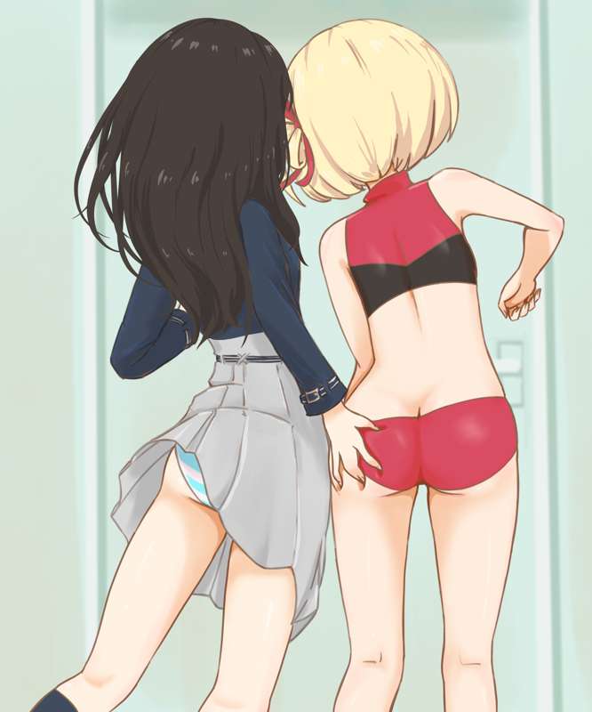 2girls, ass, ass grab, back view, black fur, blonde hair, female, female only, inoue takina, lesbian focus, lycoris recoil, microsd (artist), multiple females, multiple girls, nishikigi chisato, panties, small ass, upskirt, yuri