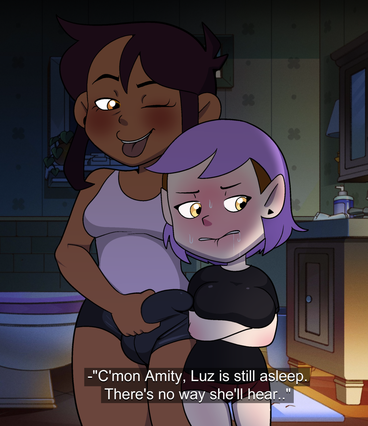 1futa, 1girls, age difference, amity blight, big breasts, breasts, bulge, cheating, cheating girlfriend, clothed, cock hungry, coercion, cucked by futa, cuckold, dark skin, dark-skinned futa, dialogue, embarrassed, english text, erection, female, futa on female, futanari, hand on own penis, imminent sex, intersex, luz noceda, luz noceda (beta), netorare, nokkomotion, ntr, penis, penis under clothes, plus nm, purple hair, seducing, smooth skin, tagme, text, the owl house, time paradox, uncensored