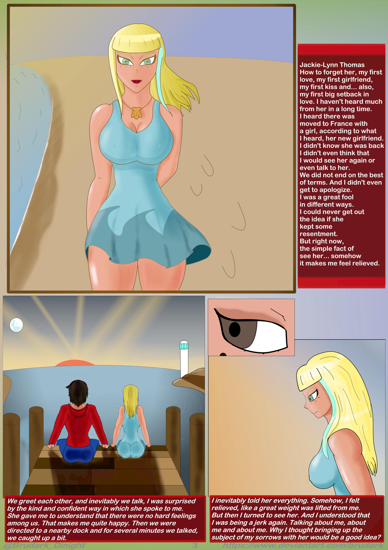 1boy 1girls blonde_hair brudark clothed comic deviantart_username dress english_text jackie_lynn_thomas marco_diaz nipple_bulge page_3 pier star_vs_the_forces_of_evil