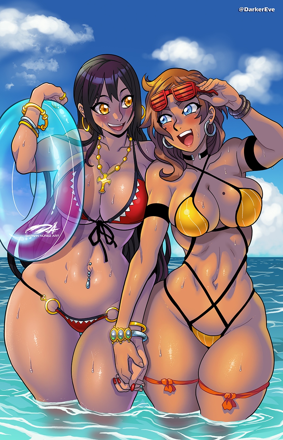 2girls big_breasts bikini black_hair blue_eyes blush brown_eyes choker dark-skinned_female dark_skin darkereve earrings elenita eye_contact female female_only hand_holding happy hi_res in_water inflatable jagua_tales joana_dolores light-skinned_female light_skin long_hair mole mole_on_breast navel_piercing necklace orange_eyes sea thick_thighs