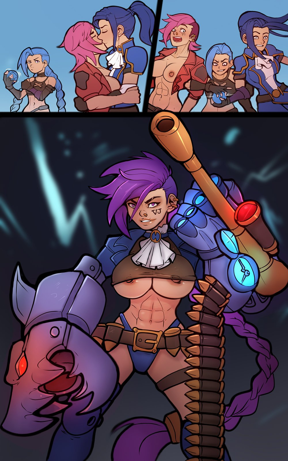 3girls abs arcane arcane_caitlyn arcane_jinx arcane_vi blue_eyes blue_hair blue_jacket blue_panties blue_underwear blue_uniform breasts breasts_out bullet bullet_belt bullets caitlyn_kiramman crazy_eyes crazy_look dark_blue_hair earrings envious_look envy exposed_breasts exposed_nipples female female_focus female_only fusion gasp gasping gauntlets jealous jealous_look jinx_(league_of_legends) kissing league_of_legends machine_gun markydaysaid multiple_girls nipples nipples_exposed nose_piercing panties piercing pink_eyes pink_hair purple_hair red_jacket riot_games shocked shocked_expression surprised surprised_expression uniform vi yuri