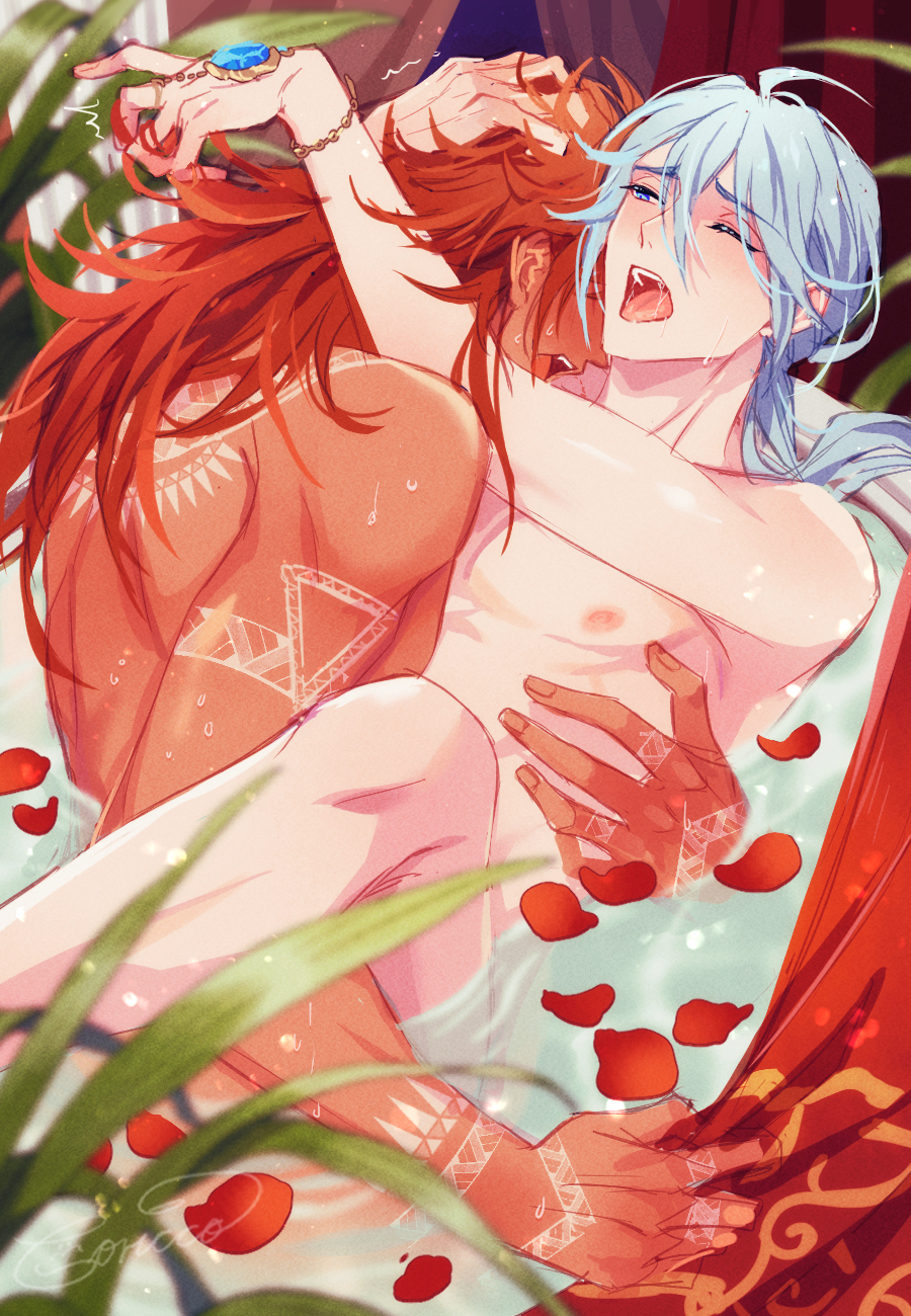 2boys bathtub blue_gemstone blue_hair bodypaint curtains dante_(nu:_carnival) dark-skinned_male dark_skin edmond_(nu:_carnival) flower gem highres hug light_blue_hair long_hair low_ponytail male_focus mobugorilla multiple_boys nu:_carnival nude partially_submerged petals petals_on_liquid red_flower red_hair red_rose rose rose_petals yaoi