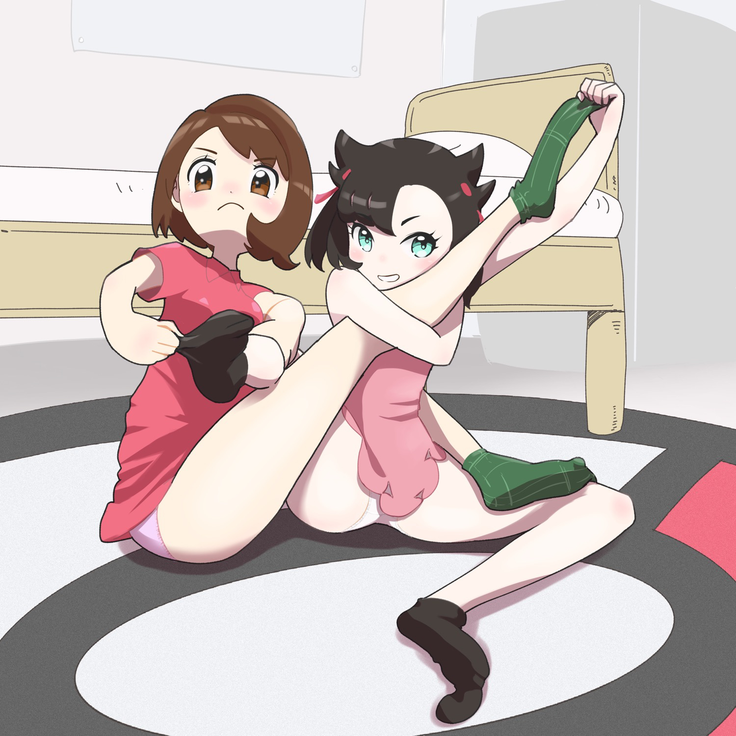 2girls, ankle socks, anklehighs, black socks, clothing, female, female only, gloria (pokemon), green socks, human, human only, marnie (pokemon), microsd (artist), multiple females, multiple girls, nintendo, panties, pokemon, pokemon ss, socks, thick thighs