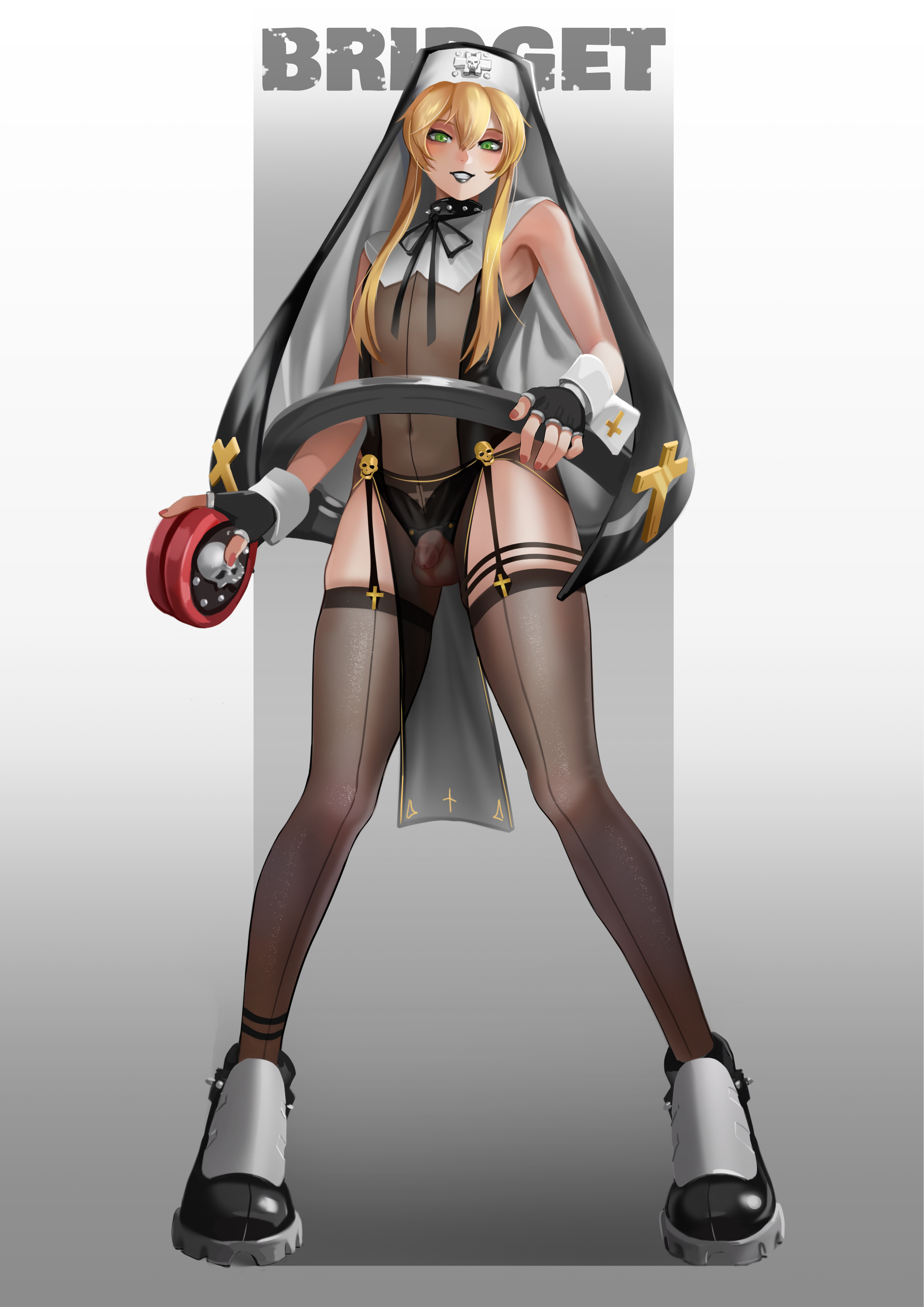 1boy, absurd res, balls, black lipstick, blonde hair, blush, boots, bridget, canon crossdressing, eye contact, eyeshadow, femboy, feminine male, fingerless gloves, flaccid, garter straps, girly, gloves, goth, goth boy, gothic, green eyes, guilty gear, guilty gear strive, high resolution, legwear, lipstick, loincloth, long hair, looking at viewer, makeup, male, male nun, male only, nun, nun outfit, nun's habit, otoko no ko, penis, pre-transition, revealing clothes, see-through loincloth, smile, solo, standing, steamed egg, stockings, testicles, thighhighs, thighs, translucent clothing, uncensored, wrist cuffs, yo-yo