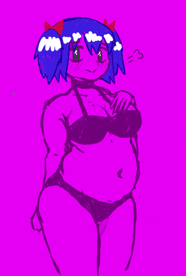 1girls 4chan belly bikini bikini_bottom bikini_top blue_hair bra bury_pink_gril busty choker chubby female female_only green_eyes hair_ribbons large_breasts meme panties pink_skin plump pomf ribbons solo_female stomach