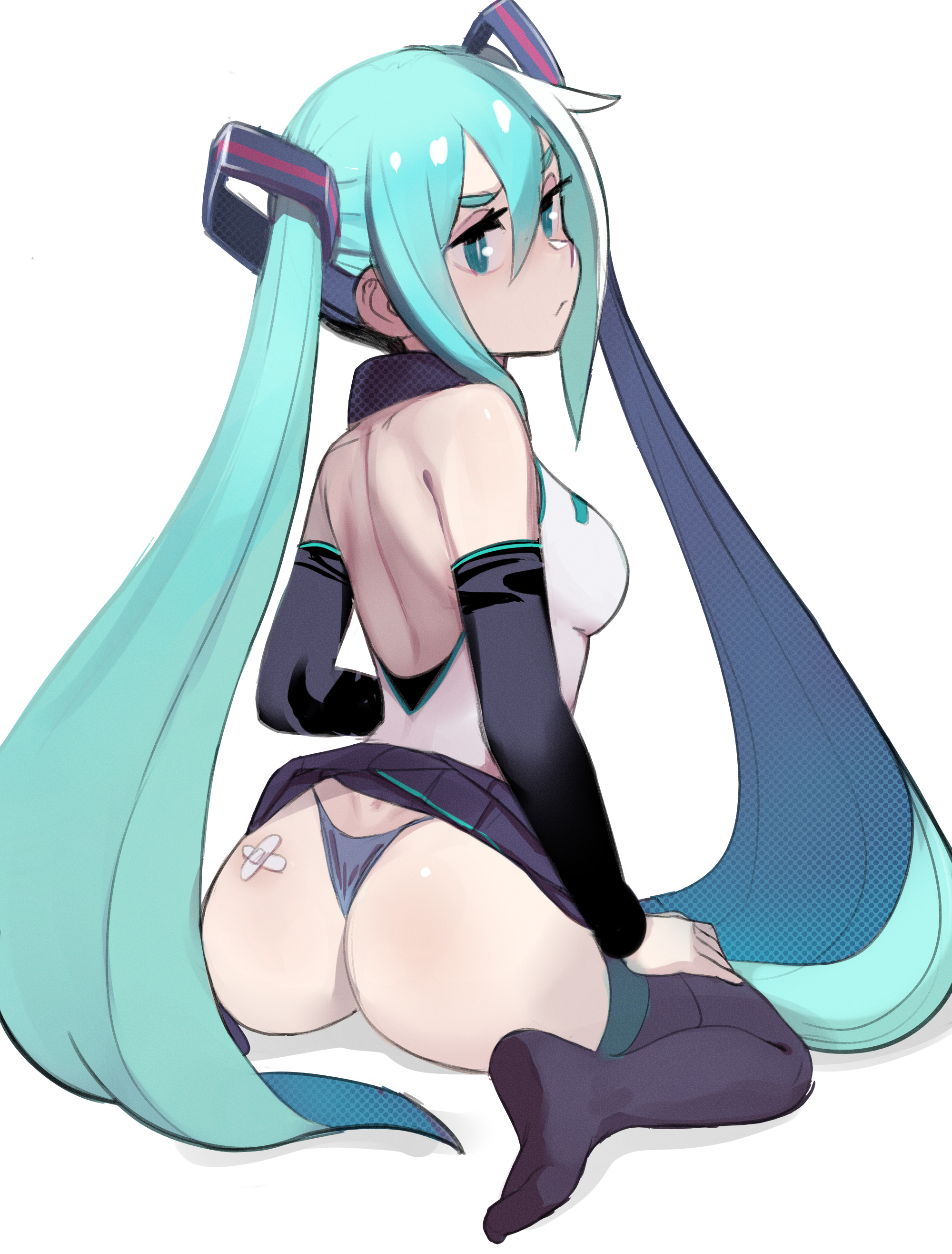1girl, 1girls, aqua eyes, aqua hair, ass, bare shoulders, black sleeves, black thighhighs, breasts, clothes lift, detached sleeves, female, female only, from behind, hair between eyes, hatsune miku, legwear, leotard, long hair, looking at viewer, looking back, panties, sho-n-d, sideboob, simple background, sitting, skirt, skirt lift, solo, thighhighs, thighs, thong, twintails, underwear, very long hair, vocaloid, wariza, white background