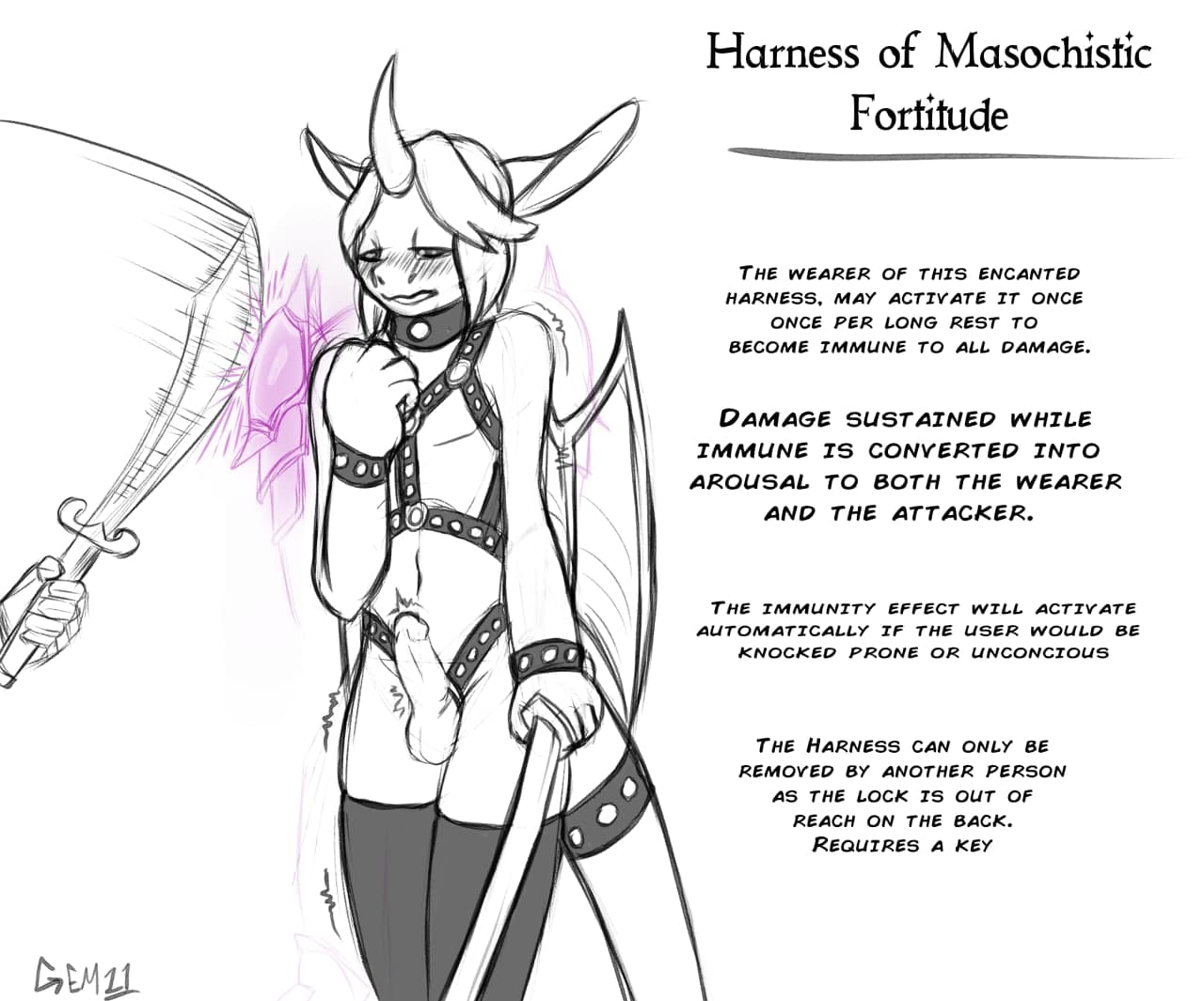 anthro aroused aroused_face balls blush clothing collar cuffs_(clothing) curse cursed_item dragon dungeons_and_dragons fae_dragon flight_rising front_view gemerency genitals girly harness hasbro horn horny humanoid_genitalia humanoid_penis item_description leather legwear male male/male melee_weapon oleisya penis scimitar slim solo stockings sword throbbing_penis twitching unigan weapon wings wizards_of_the_coast