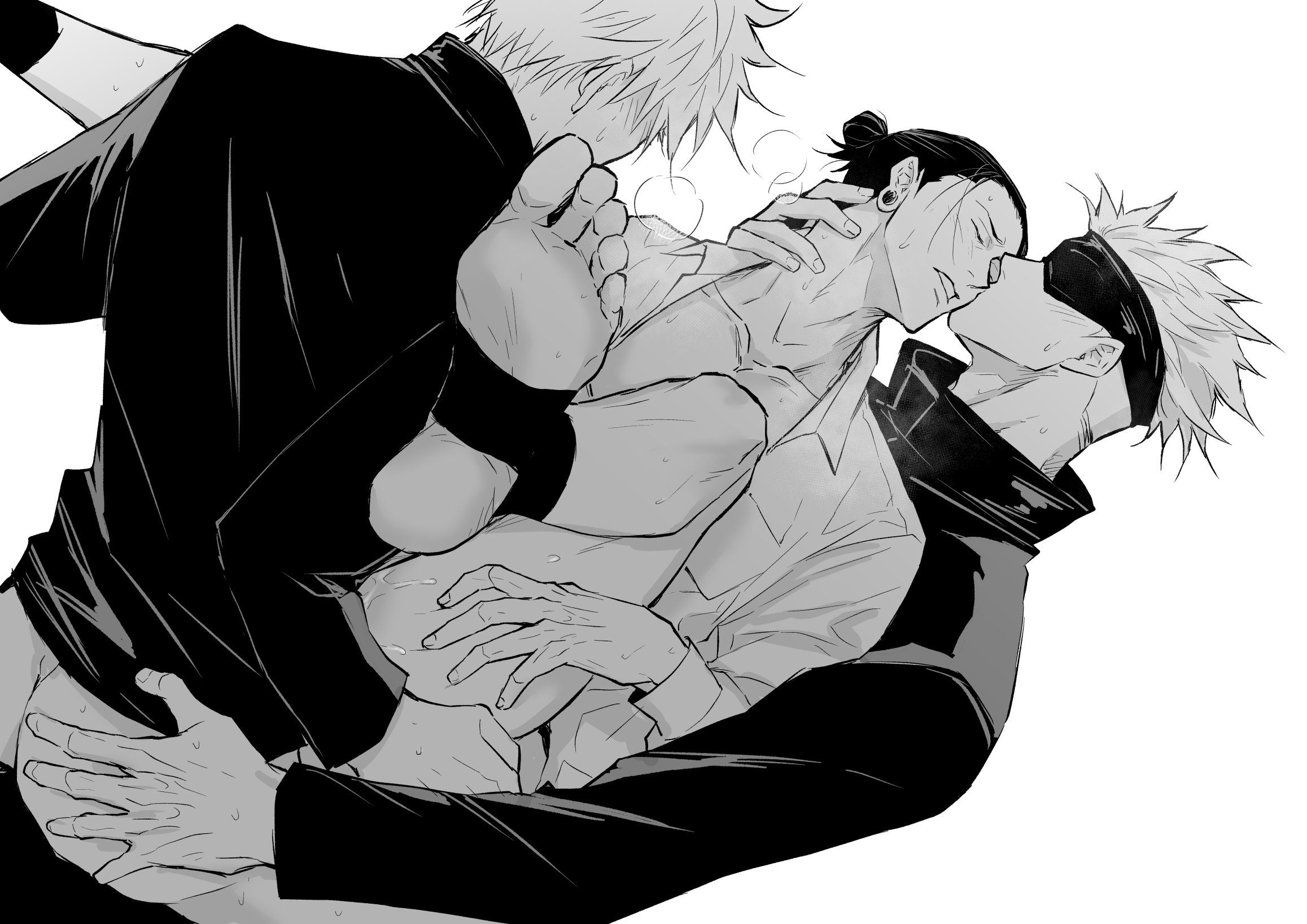 3boys, ass, ass grab, blindfold, carrying partner, clothing, feet up, jujutsu kaisen, male, male penetrated, male penetrating, male penetrating male, male/male/male, mmm threesome, monochrome, nejmai, satoru gojo, suguru geto, threesome, yaoi
