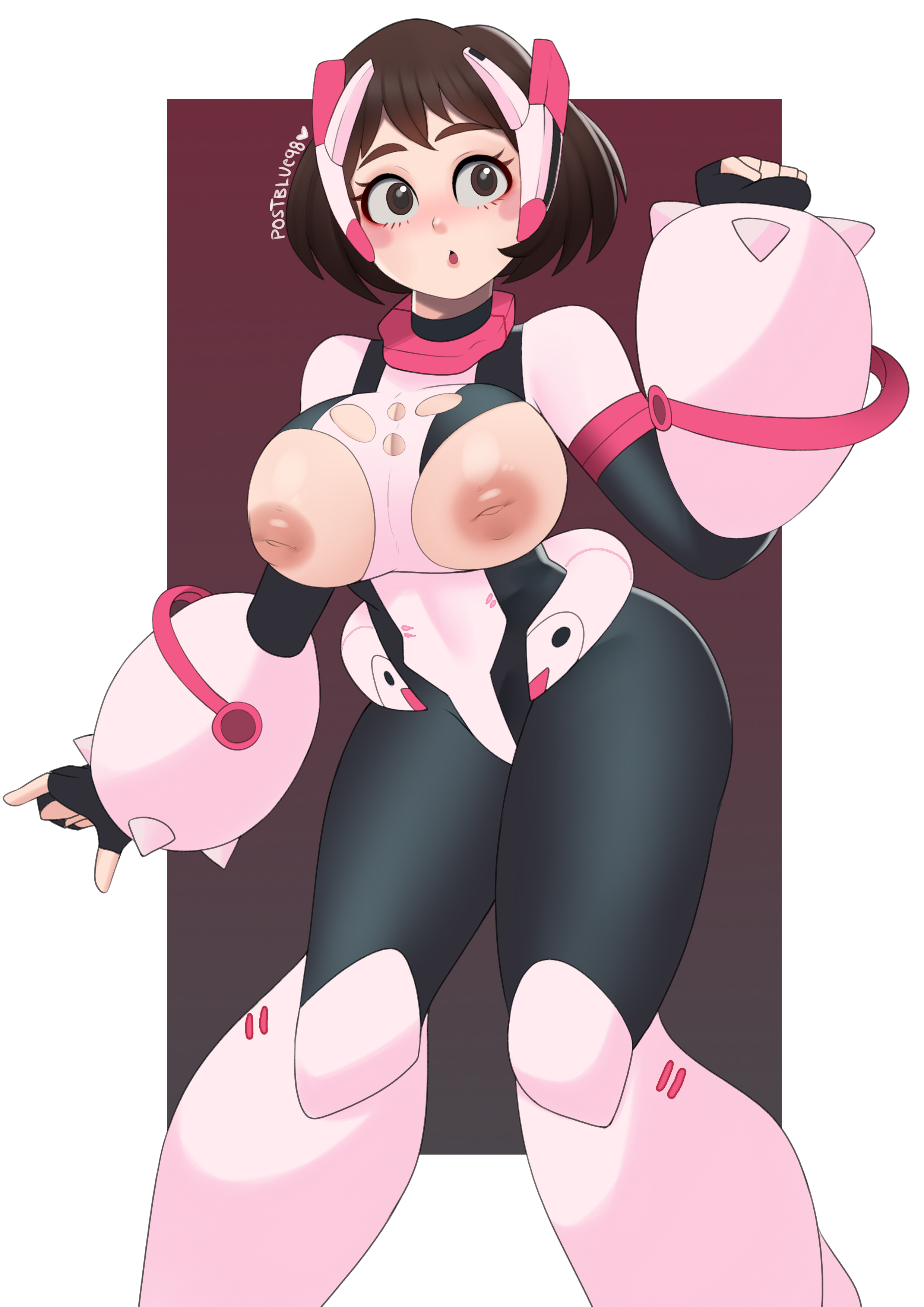 1girls, areola, areolae, big breasts, bodysuit, breasts, breasts out, brown eyes, brown hair, brown-haired female, clothed, clothing, female, female human, female only, fingerless gloves, gloves, hero outfit (mha), hourglass figure, human, inverted nipples, large breasts, light skin, light-skinned female, my hero academia, nipples, ochako uraraka, ochako uraraka (hero outfit), open mouth, postblue98, ripped bodysuit, ripped clothes, ripped clothing, short hair, simple background, slim waist, solo, solo female, standing, superhero costume, superheroine, torn bodysuit, torn clothes, wide hips