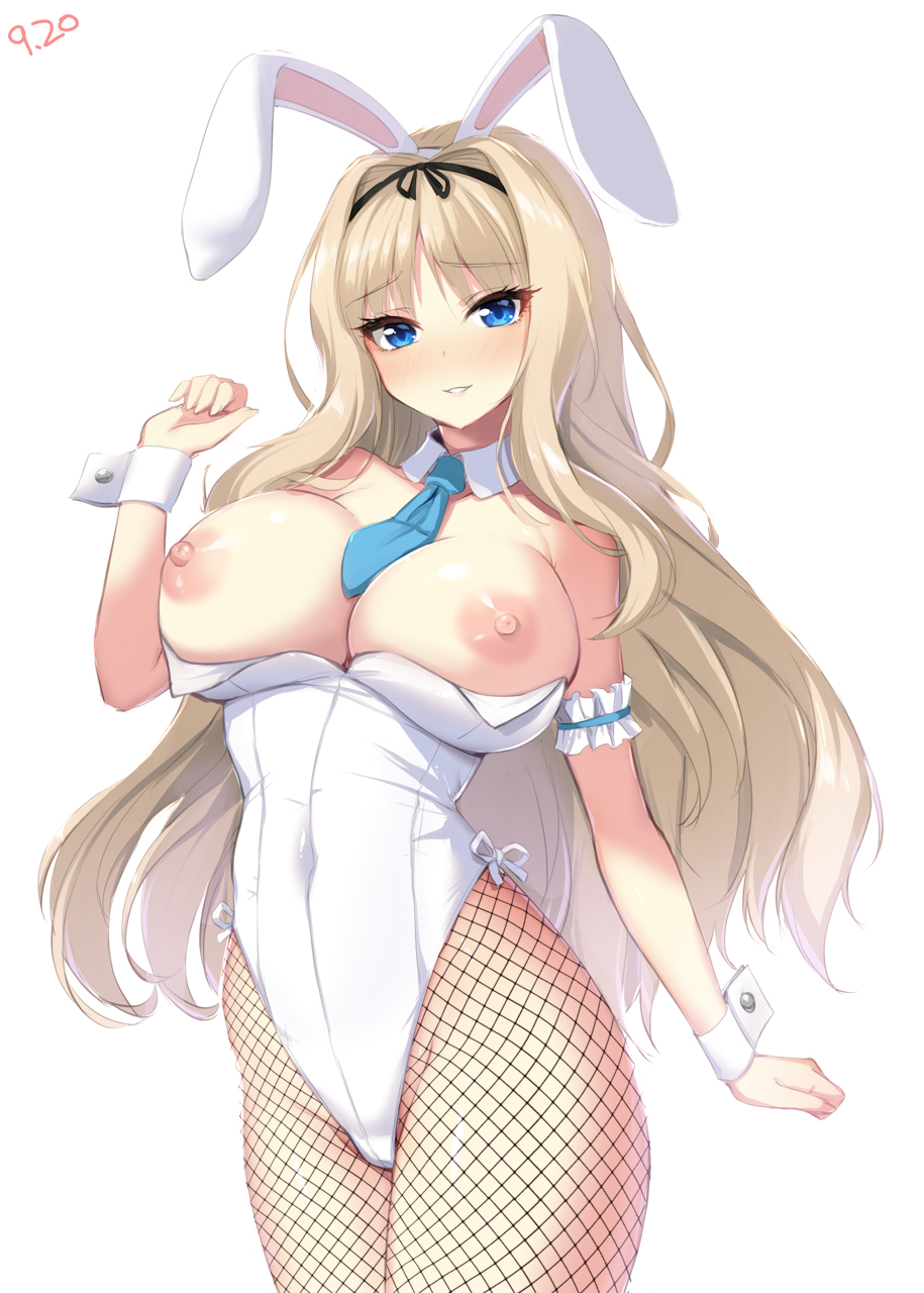 animal_ears bare_shoulders blonde_hair blue_eyes blush breasts commentary_request detached_collar fake_animal_ears female fishnet_pantyhose fishnets frills hair_ribbon hairband highres kusugawa_sasara large_breasts leotard long_hair long_sleeves looking_at_viewer necktie nipples pantyhose playboy_bunny rabbit_ears ribbon solo strapless strapless_leotard to_heart_(series) to_heart_2 white_background wrist_cuffs yu-ta