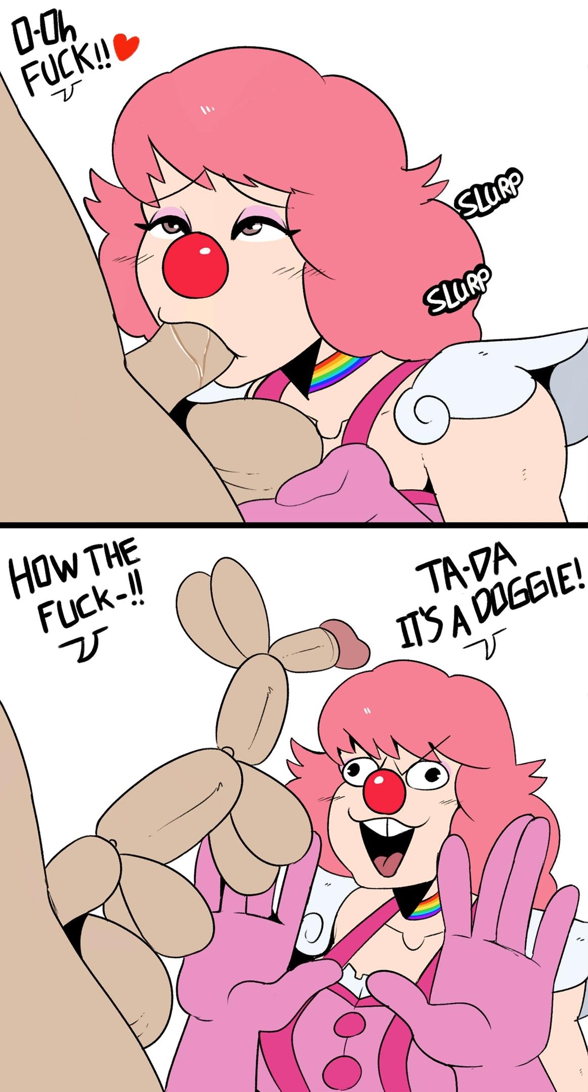 1boy, 1girls, ace attorney, balloon animal, blowjob, clown, clown girl, clussy, english text, female, geiru toneido, gyakuten saiban, hi res, humor, male, penis, simple background, tagme, what, white background