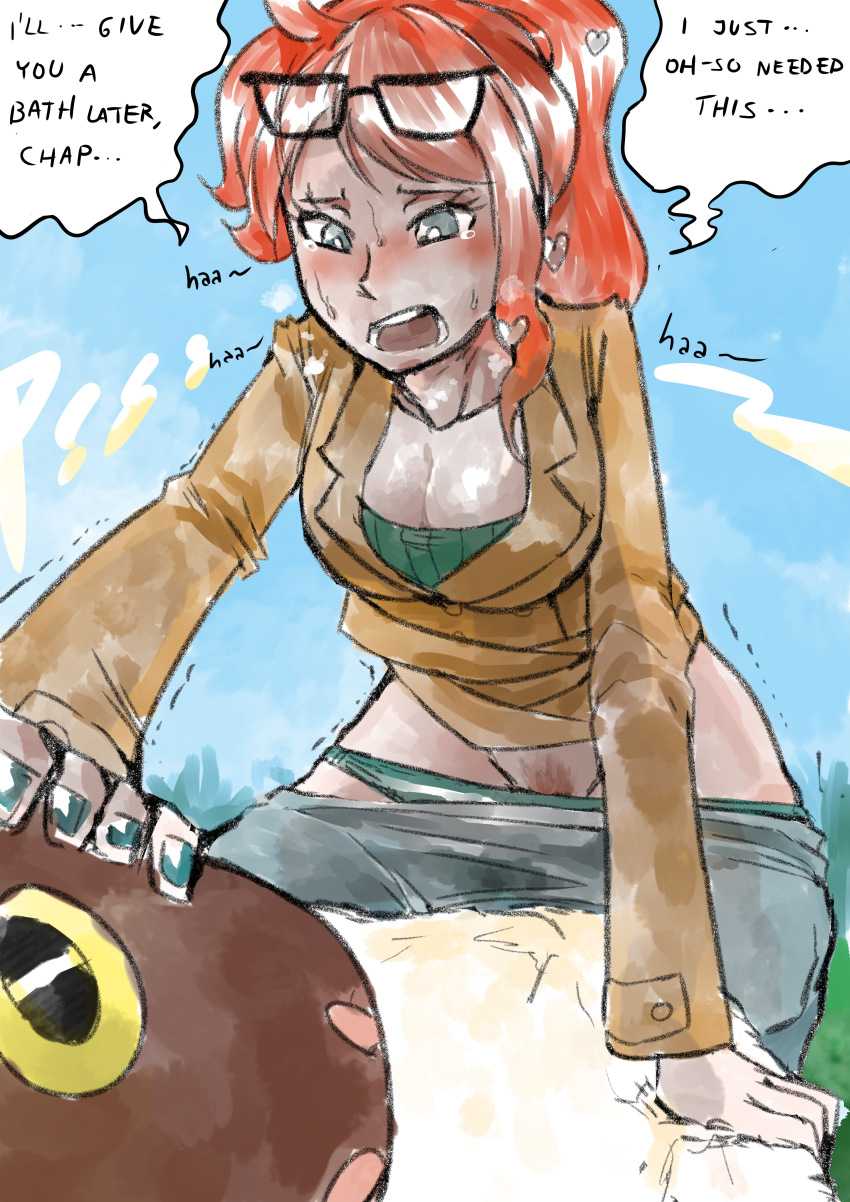 biku frog glasses omorashi open_mouth peeing peeing_on_another pokemon pokemon_(species) pokemon_ss sonia_(pokemon) speech_bubble tagme talking_to_another thick_urine_stream urine