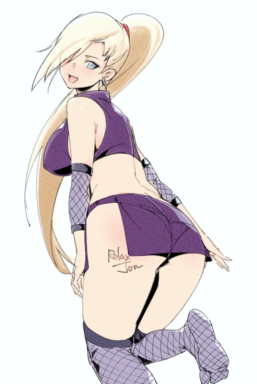 1girls, almost naked, ass, barefoot, big breasts, blonde female, blonde hair, blonde-haired female, blue eyes, breasts, crop top, feet, female, female only, fishnet socks, fishnet thighhighs, fishnets, from behind, hair over one eye, happy, happy female, ino yamanaka, knee socks, light skin, light-skinned female, looking at viewer, looking back, miniskirt, mostly nude, naruto, naruto (series), naruto shippuden, no sex, open mouth, pale skin, pale-skinned female, panties, panties visible through clothing, purple clothing, purple socks, raised leg, relaxjon, revealing clothes, round ass, see-through, see-through clothing, sideboob, skimpy, skimpy clothes, skirt, smile, socks, solo, solo focus, teenage female, teenager, thigh socks, thighhighs, voluptuous