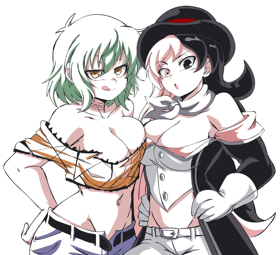 2girls, big breasts, breast press, breasts, brown eyes, brown hair, busty, cleavage, crossover, female, green hair, hand on hip, hands on hips, hat, hikage (senran kagura), jeans, large breasts, lewdamone, looking at viewer, midriff, multiple females, multiple girls, navel, neo (rwby), open mouth, pants, pink eyes, pink hair, pose, posing, rwby, senran kagura, sensual, short hair, smile, straight, tongue, tongue out