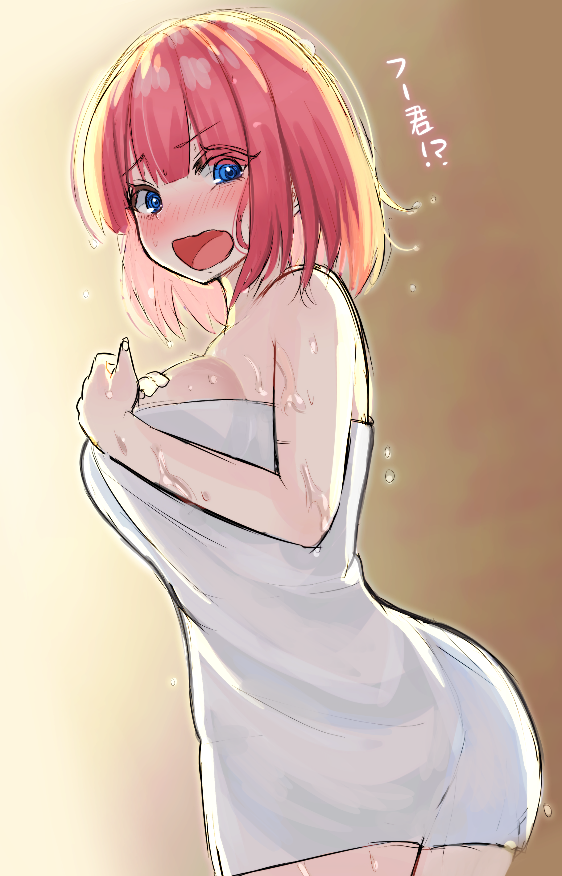 absurdres, after bathing, ass, bangs, blue eyes, blunt bangs, blush, breasts, female, from behind, go-toubun no hanayome, hand on own chest, highres, kurosaki coco, large breasts, looking at viewer, looking back, nakano nino, naked towel, open mouth, pink hair, shouting, surprised, towel, wet, wet hair