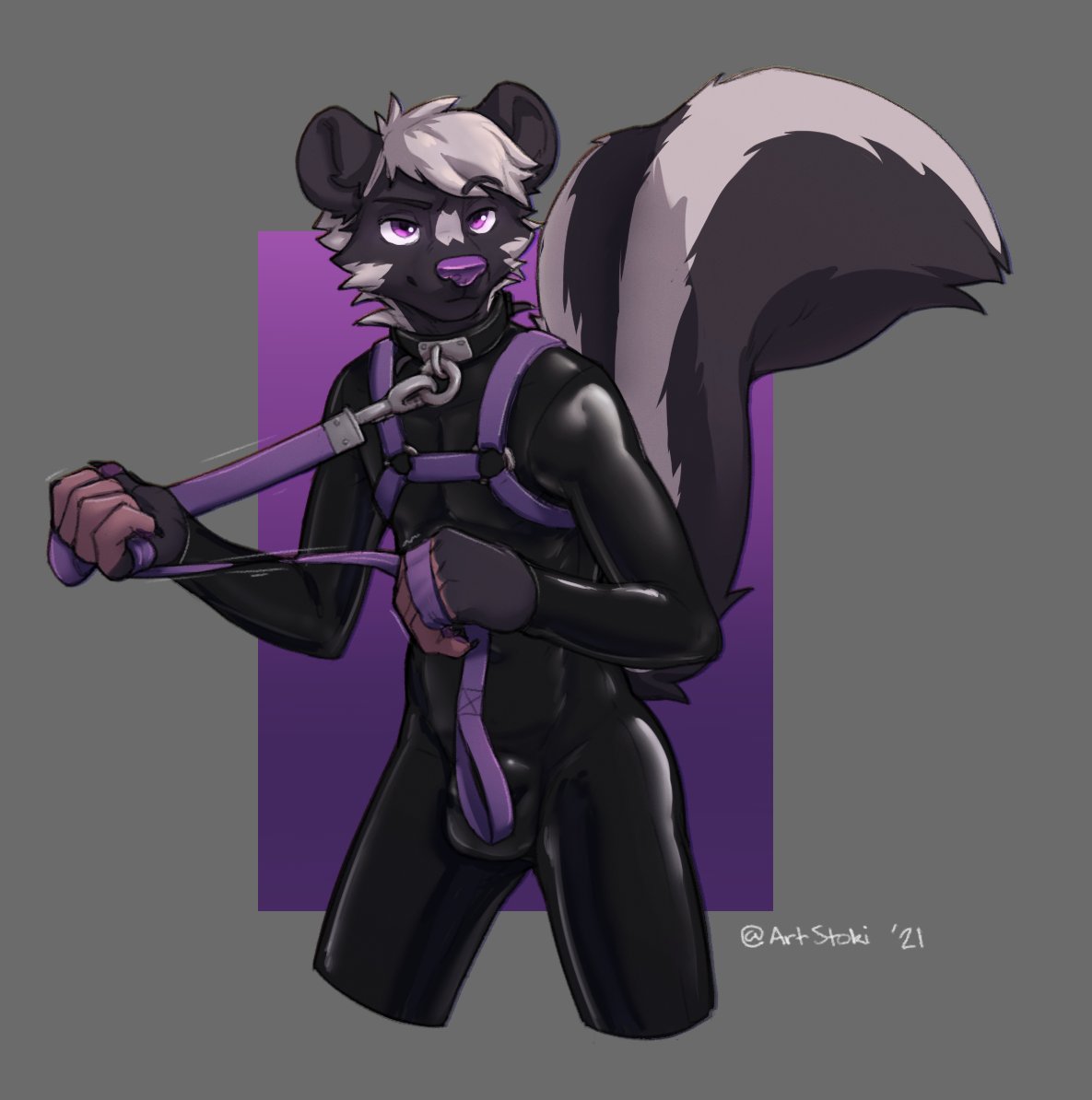 anthro biped black_body black_fur clothing collar eyebrows fur hair harness holding_own_leash leash leash_and_collar male male_only mammal markings mephitid purple_eyes purple_nose raised_eyebrow rubber rubber_clothing rubber_suit simple_background skunk solo stoki white_hair white_markings