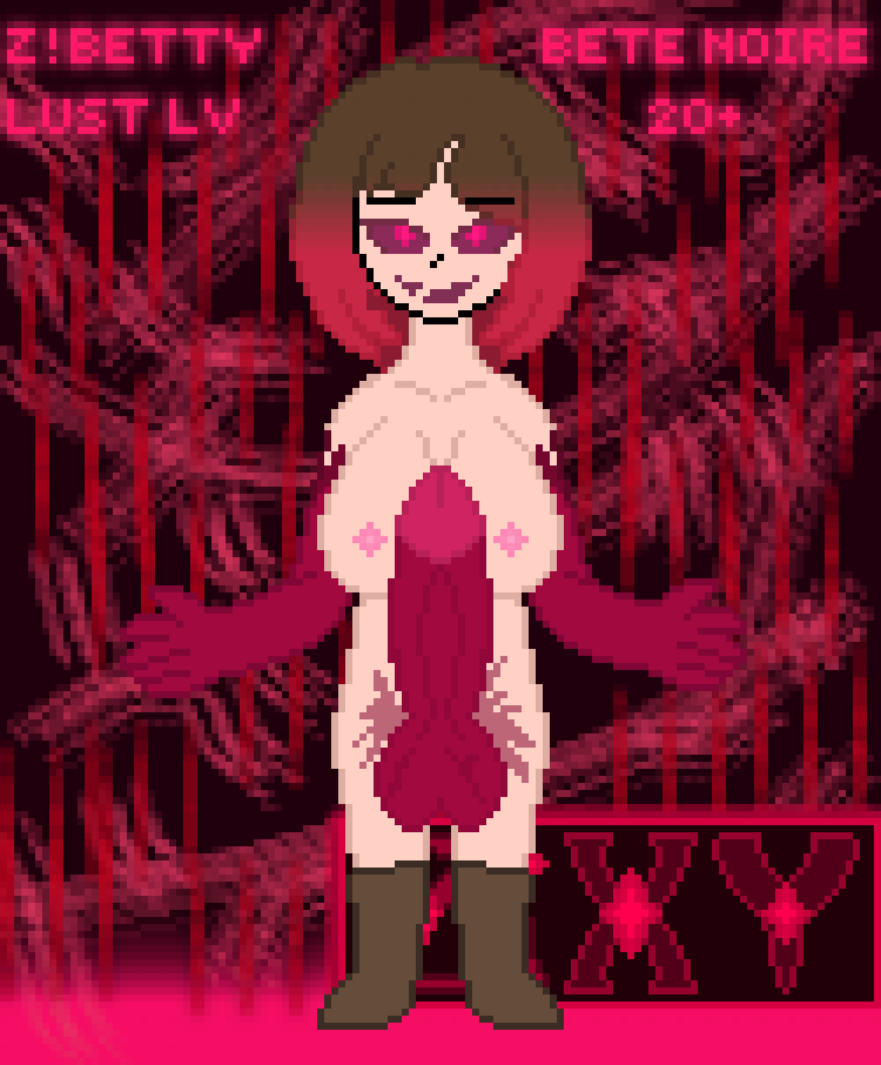 1futa 2d balls bete_noire big_breasts big_penis boots breasts brown_hair erection futa_only futanari glitchtale huge_cock humanoid humanoid_penis light-skinned_futanari light_skin nude penis pink_eyes pink_hair pink_highlights pixel_art self_upload solo standing text undertale undertale_(series) undertale_au z!betty zixy