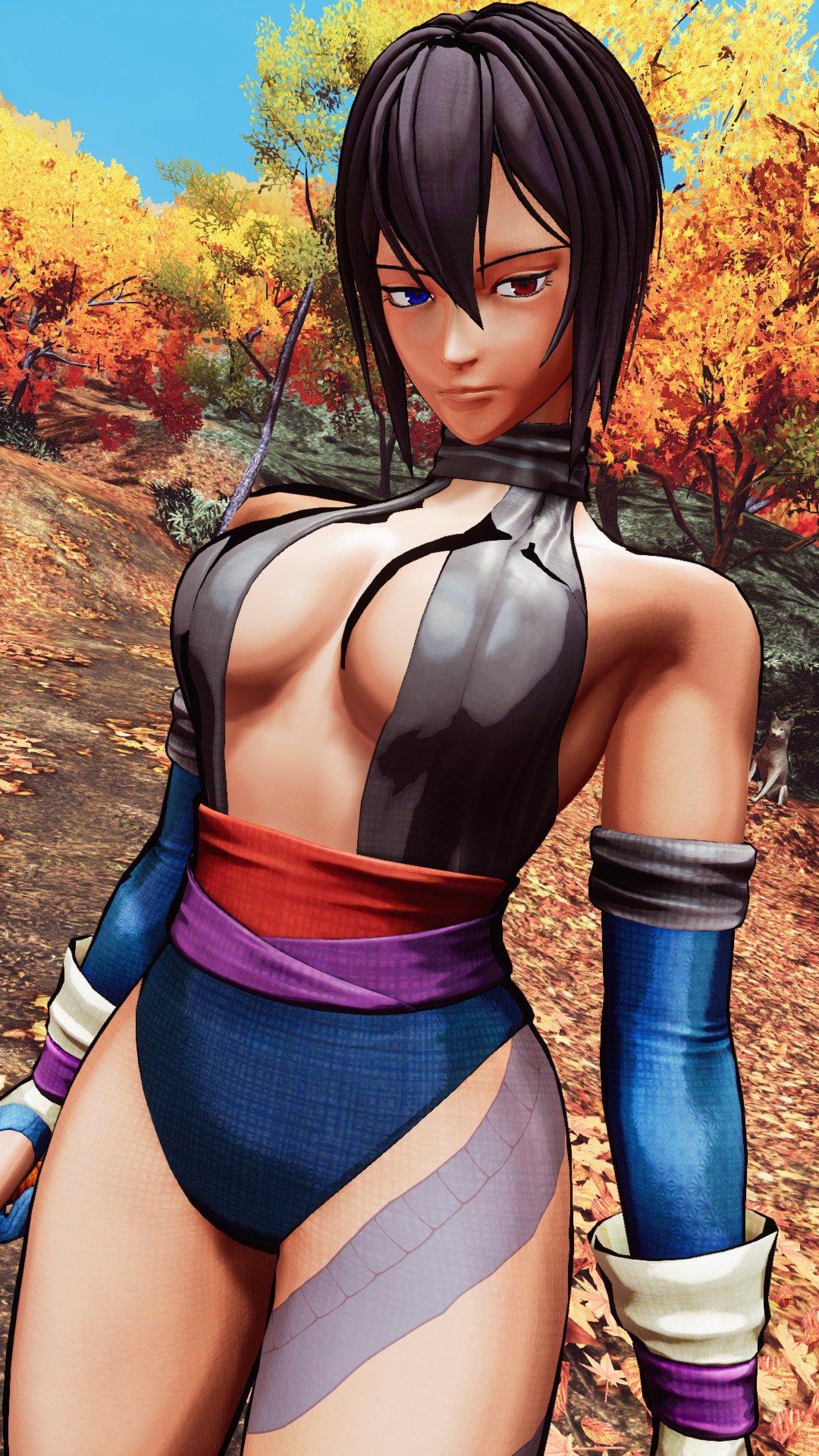 1girls 3d big_breasts black_hair blue_eyes breasts busty cleavage heterochromia hi_res large_breasts legs leotard looking_at_viewer red_eyes samurai_shodown shiki_(samurai_shodown) short_hair snk solo solo_female tattoo thick_thighs thighs voluptuous weapon