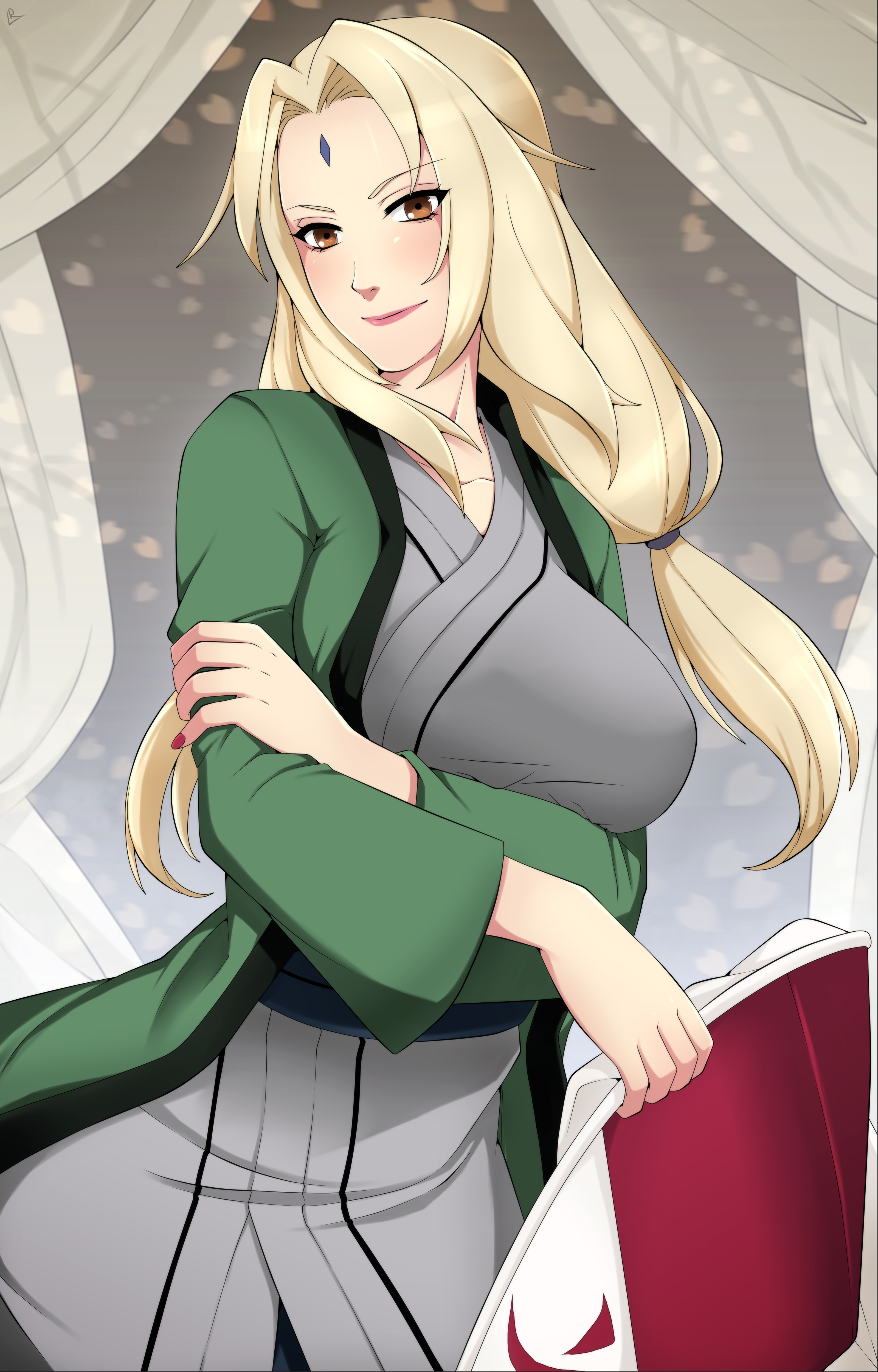1girls, big breasts, blonde, blonde female, blonde hair, blush, breasts, brown eyes, facial mark, female, female only, forehead mark, haori, hat, hokage, holding object, lindaroze, looking at viewer, makeup, mature female, nail polish, naruto, naruto (classic), naruto (series), naruto shippuden, no sex, sfw, solo, tsunade