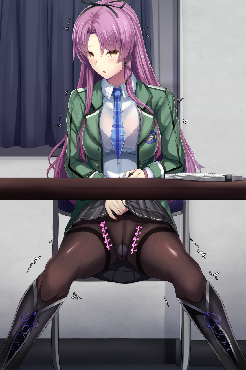 1girls blush boots bra_visible_through_clothes censored chair daiaru egg_vibrator eiyuu_densetsu female female_only highres jacket kuro_no_kiseki lifted_by_self long_hair looking_at_viewer necktie open_mouth panties panty_lift pantyhose purple_hair renne_(eiyuu_densetsu) renne_bright school_uniform sex_toy sitting skirt solo solo_female table trembling underwear vibrator yellow_eyes