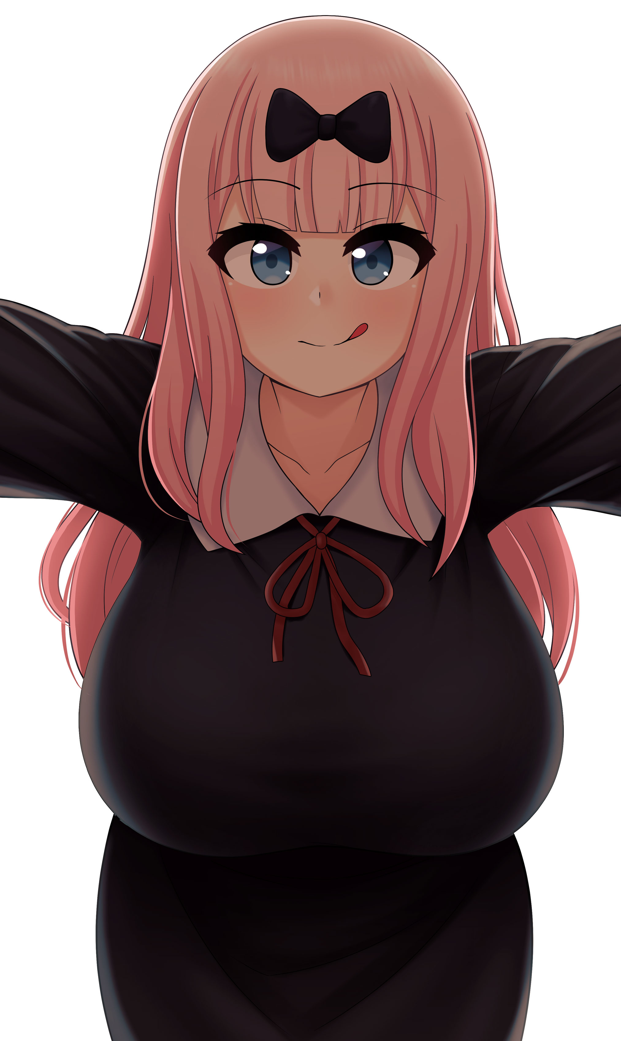 1girls, bangs, blue eyes, blush, breasts, collarbone, female, fujiwara chika, highres, huge breasts, kaguya-sama wa kokurasetai ~tensai-tachi no renai zunousen~, long hair, looking back, pink hair, simple background, solo, standing, the only shoe, white background