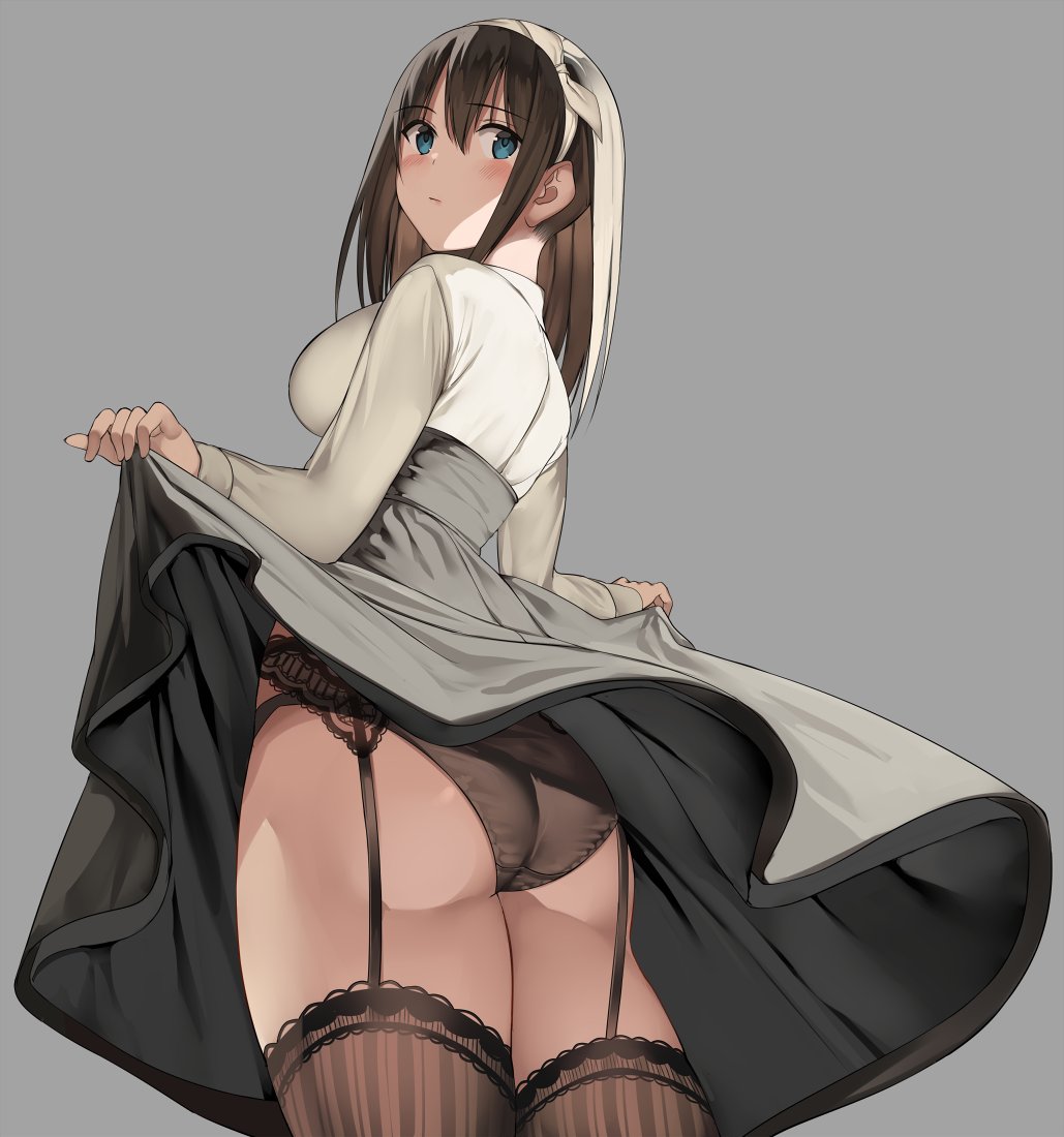 ass, black panties, black skirt, blue eyes, breasts, brown hair, brown thighhighs, clothes lift, cowboy shot, female, foreshortening, from behind, garter belt, grey background, grey shirt, high-waist skirt, kureha (ironika), lace, lace trim, lace-trimmed legwear, large breasts, lifted by self, long hair, long sleeves, looking at viewer, looking back, original, panties, shirt, simple background, skirt, skirt lift, solo, thighhighs, tsubasa (kureha), underwear