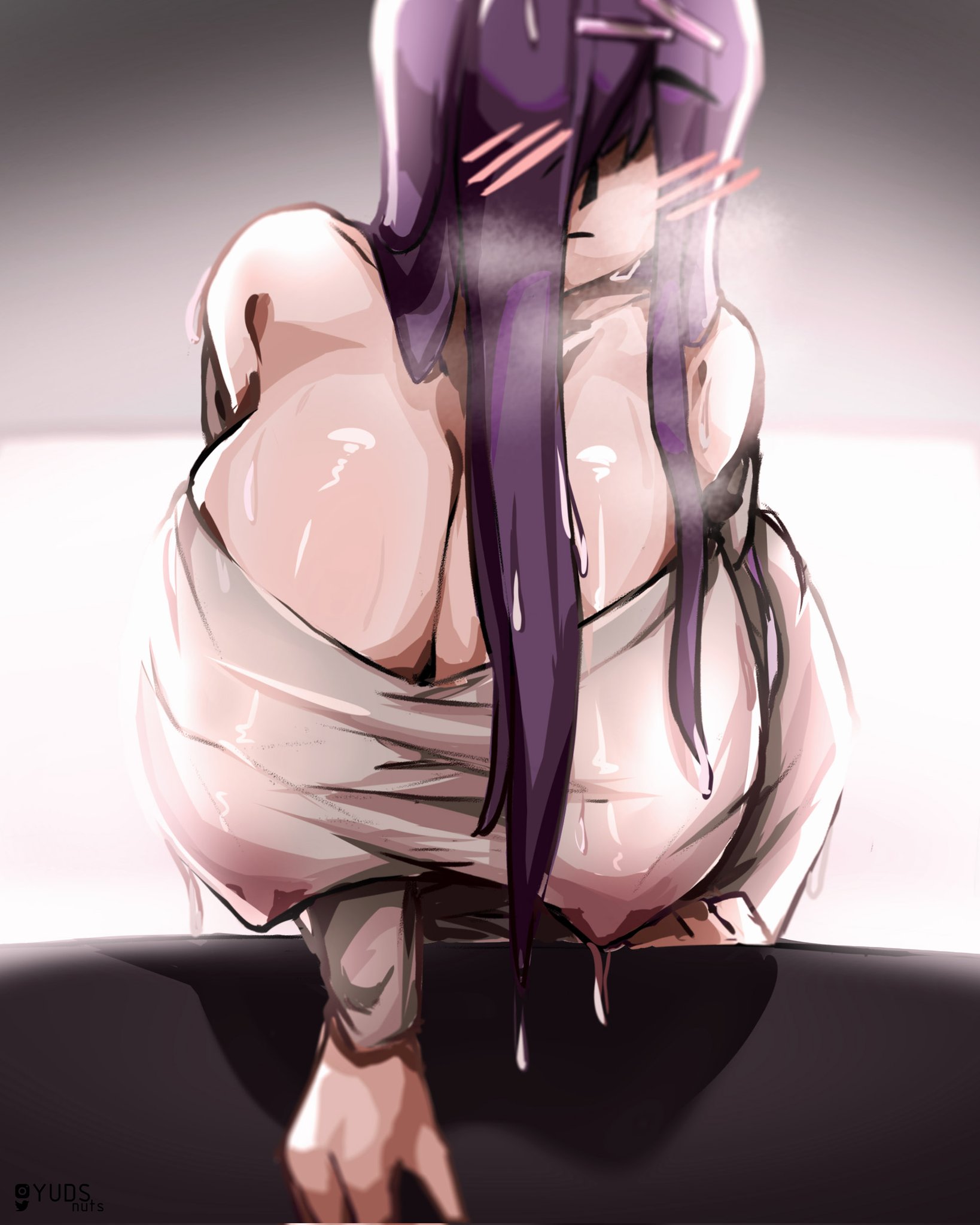 1girls, ass, big areola, big nipples, blush, breasts, bubble ass, bubble butt, cosplay, doki doki literature club, erect nipples, female, female only, hair covering eyes, hanging breasts, huge breasts, nipple bulge, nipples, purple hair, shirt only, solo, solo female, tagme, the ring, wet, wet hair, wet shirt, yamamura sadako, yudsnuts, yuri (doki doki literature club)