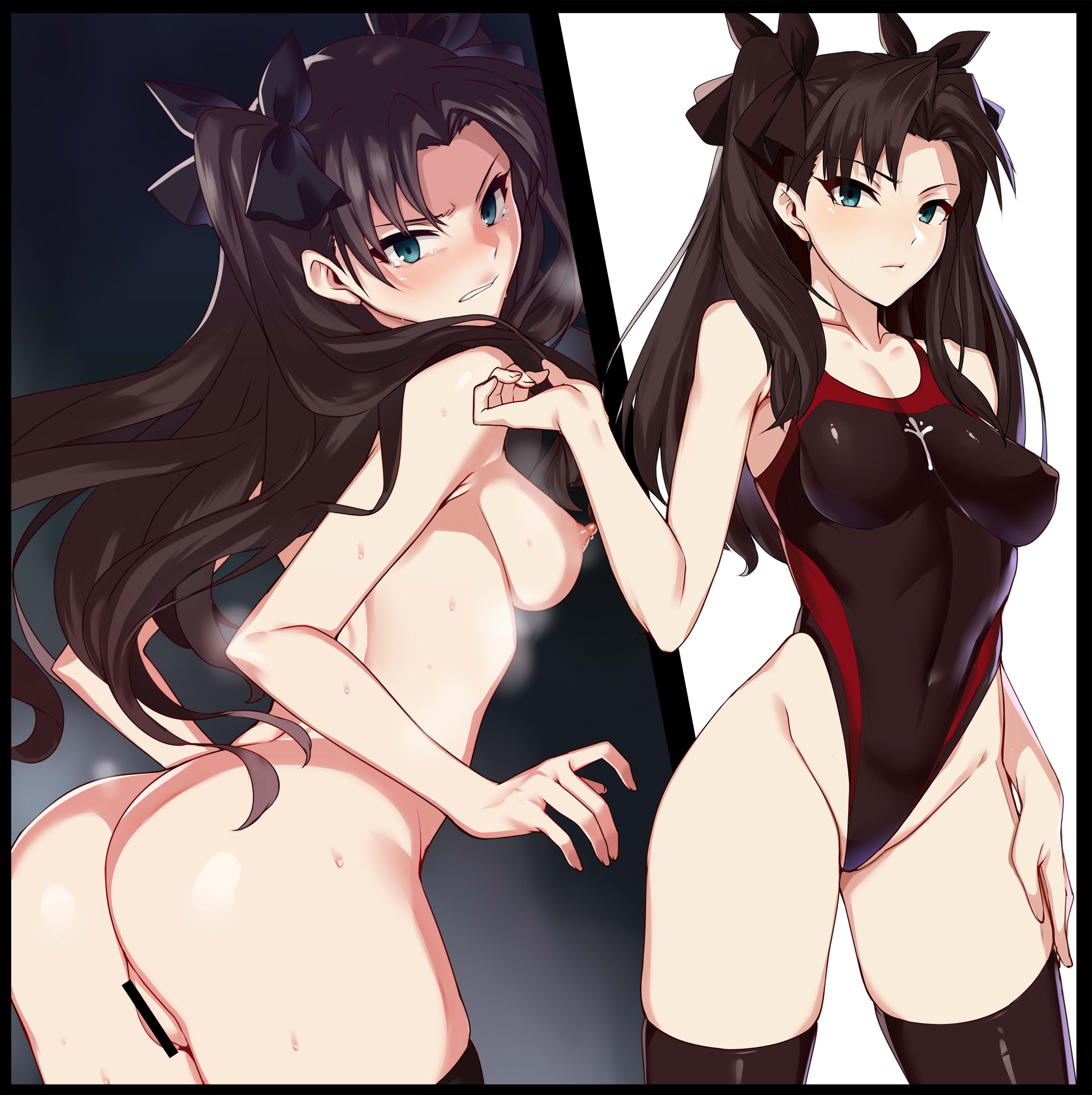 1girls, angry, ass, bar censor, black hair, black thighhighs, blue eyes, breasts, censored, competition swimsuit, covered navel, covered nipples, fate (series), fate/stay night, female, female only, glaring, harunori oogami, highres, long hair, looking at viewer, multiple views, nude, one-piece swimsuit, pussy, scowl, sideboob, small breasts, solo, swimsuit, thighhighs, tohsaka rin, twintails, variant set