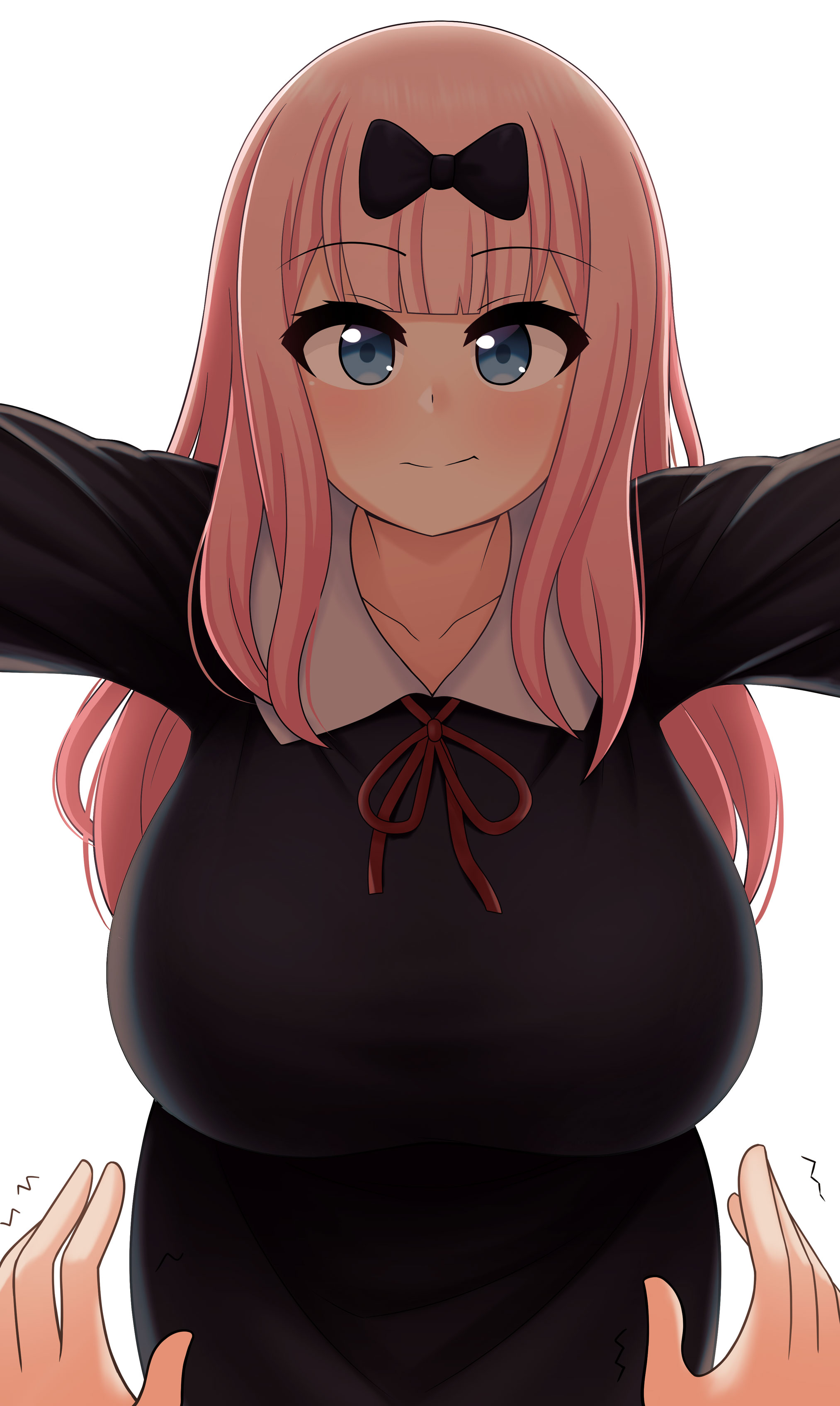 1girls, bangs, blue eyes, blush, breasts, collarbone, female, fujiwara chika, highres, huge breasts, kaguya-sama wa kokurasetai ~tensai-tachi no renai zunousen~, long hair, looking back, pink hair, pov, pov hands, simple background, smile, solo, standing, the only shoe, white background