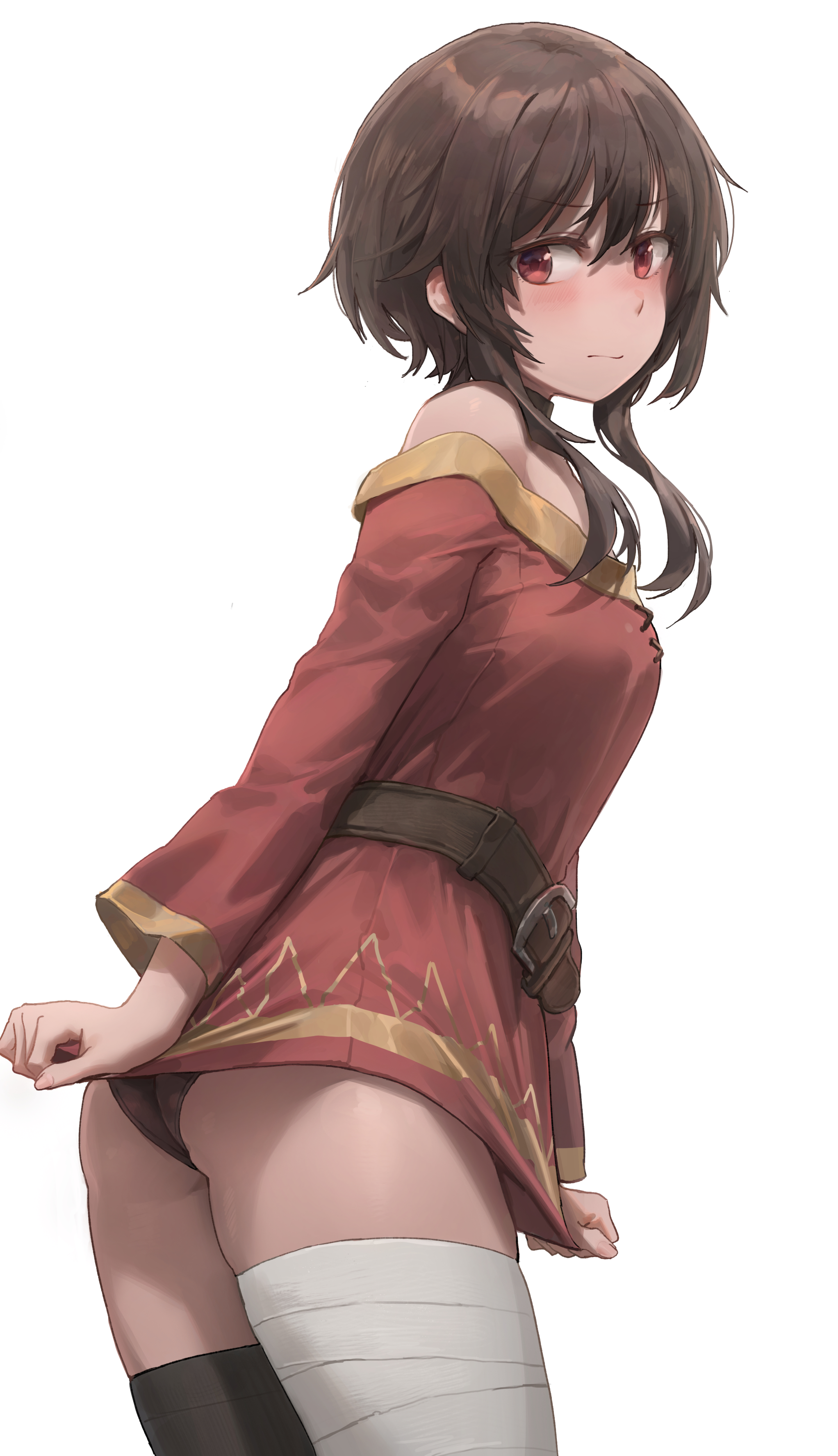 1girls, absurd res, ass, bandage, bangs, belt, black panties, blush, breasts, brown hair, dress, dress pull, dress tug, female, kono subarashii sekai ni shukufuku wo!, looking at viewer, looking back, megumin, microdress, panties, red eyes, short hair, shy, simple background, single thighhigh, small breasts, solo female, thick thighs, thighhighs, thighs, underwear, white background, yohan1754