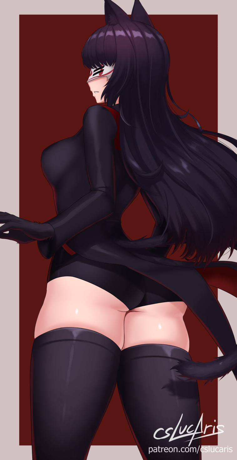 black_hair blake_belladonna cat_ears cat_tail cslucaris curvy faunus gloves mask rwby rwby_ice_queendom thick_thighs thighhighs white_fang_(rwby)