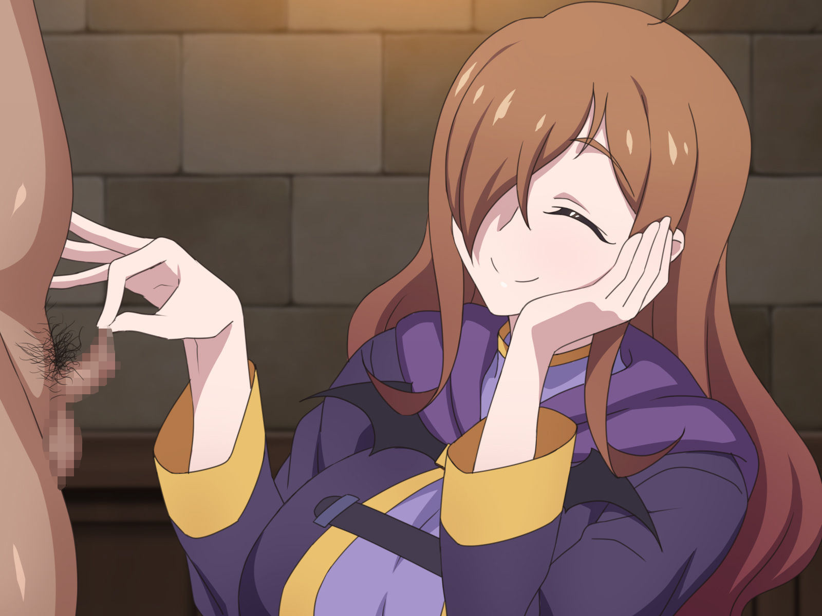 1boy, 1girls, big breasts, breasts, brown hair, censored, closed eyes, closed eyes smile, clothed female nude male, female, handjob, huge breasts, kono subarashii sekai ni shukufuku wo!, light skin, light-skinned female, long hair, male, mosaic censoring, penis, pubic hair, small penis, small penis adoration, smile, tedain, two-finger handjob, wiz (konosuba)