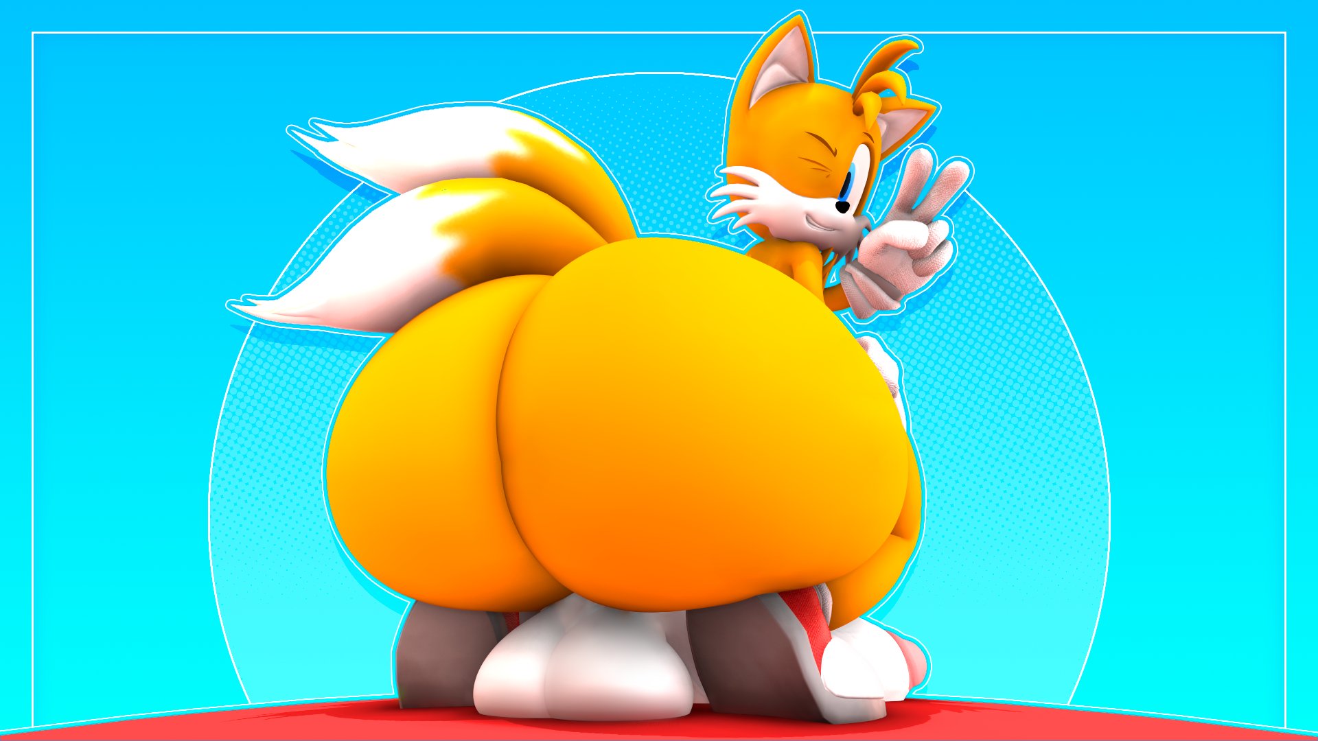 anthro, ass, back view, balls, big ass, big butt, big penis, canid, canine, enormous ass, femboy, fox, gigantic ass, huge ass, huge butt, hyper ass, looking at viewer, looking back, male, male only, not person420, peace sign, penis, person-420, sonic (series), squatting, tails, tails the fox, thick thighs, wide hips, wink